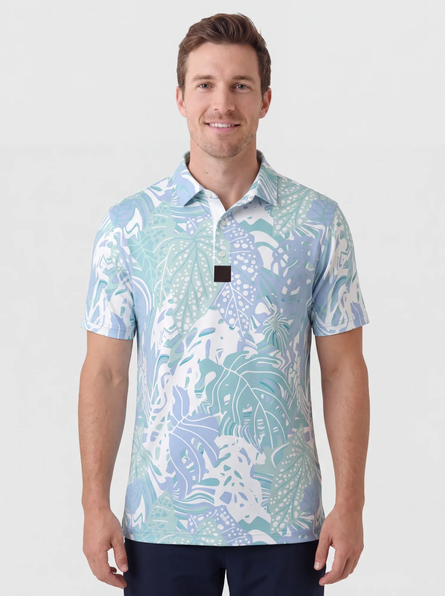 Men's mint tropical landscape print polo in mint / white / light blue, front view