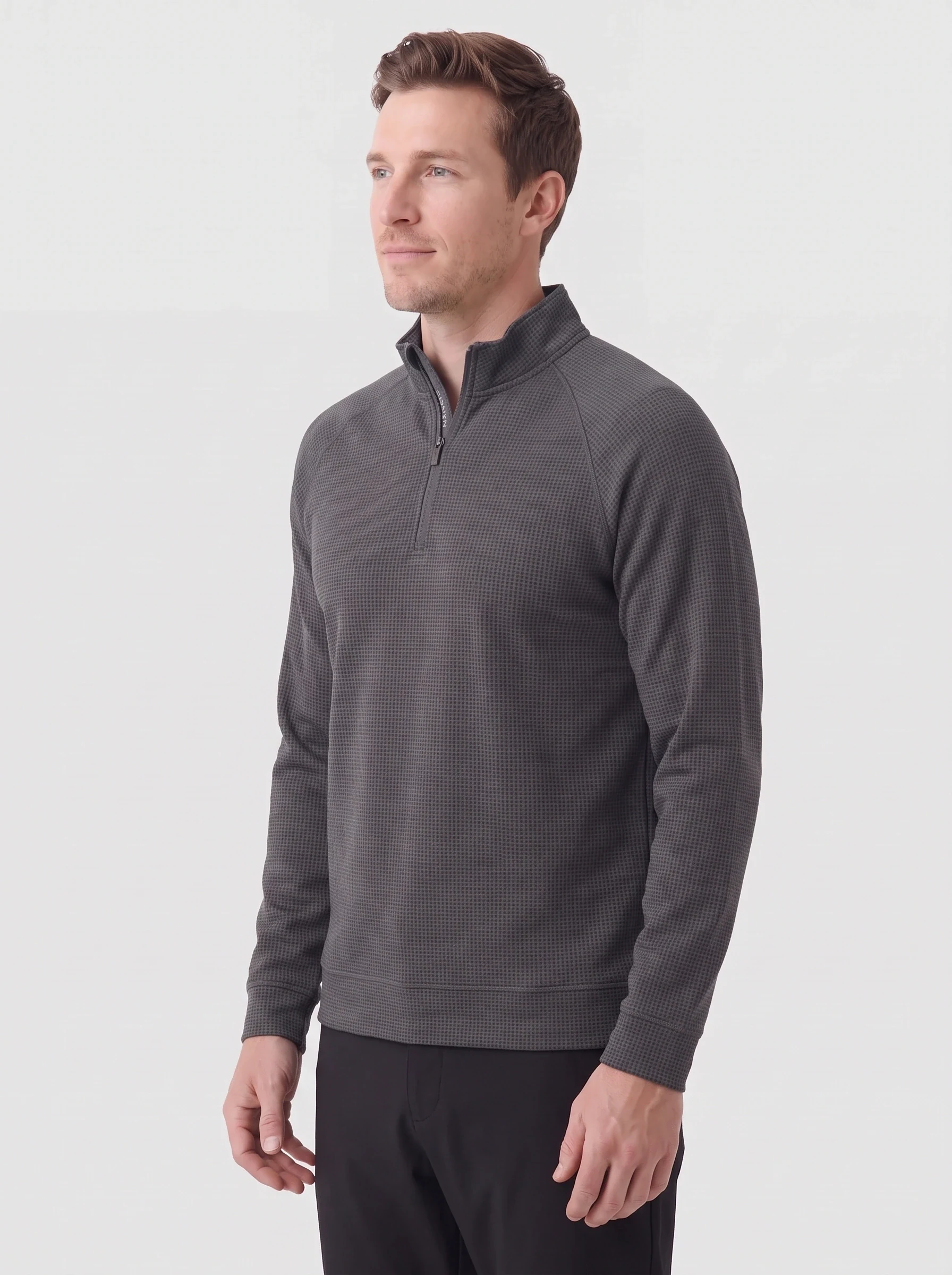 Charcoal Grid Quarter Zip, men zip tops & midlayers, side view