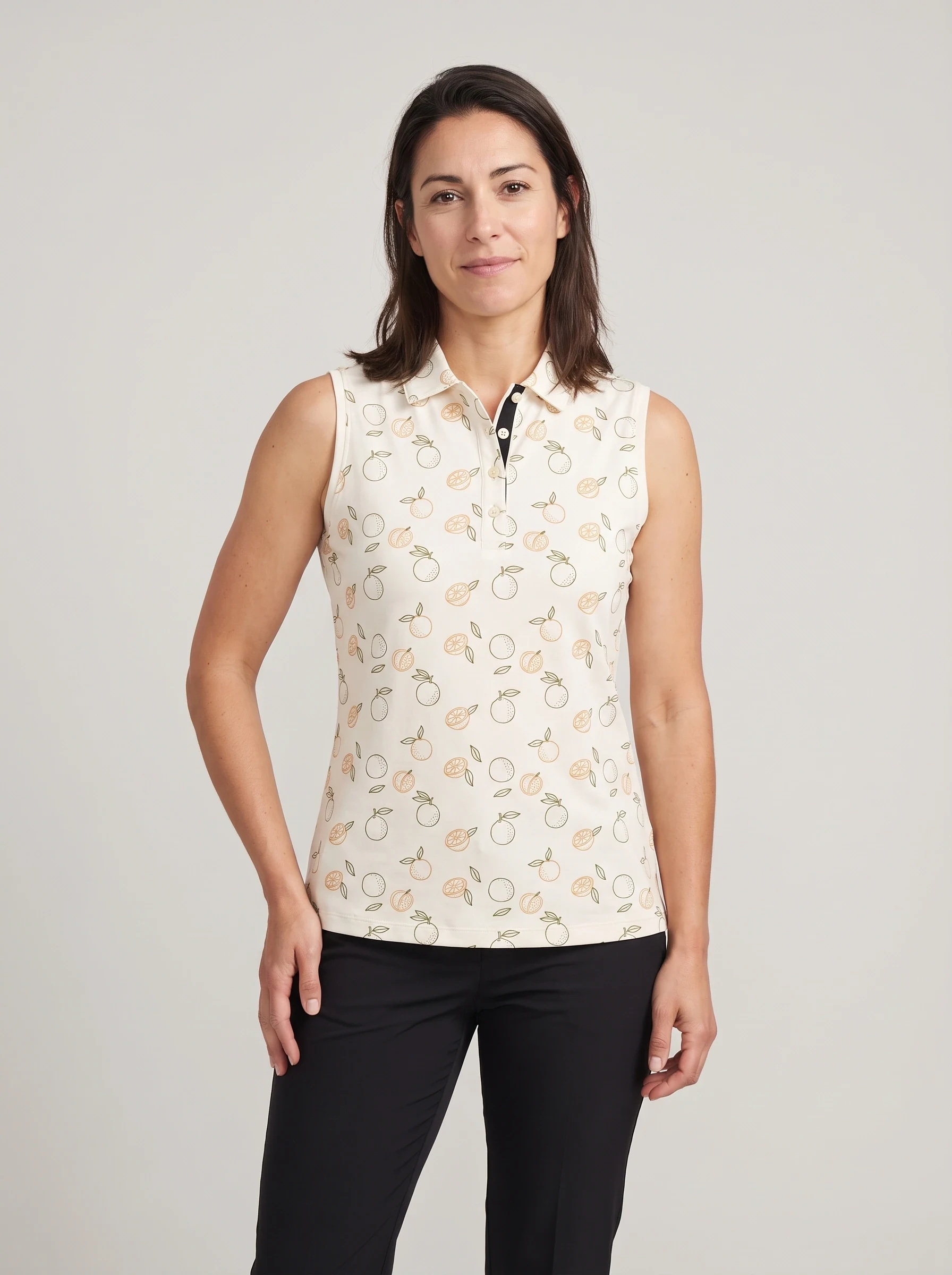 Cream Citrus Sketch Polo, women printed polos, front view
