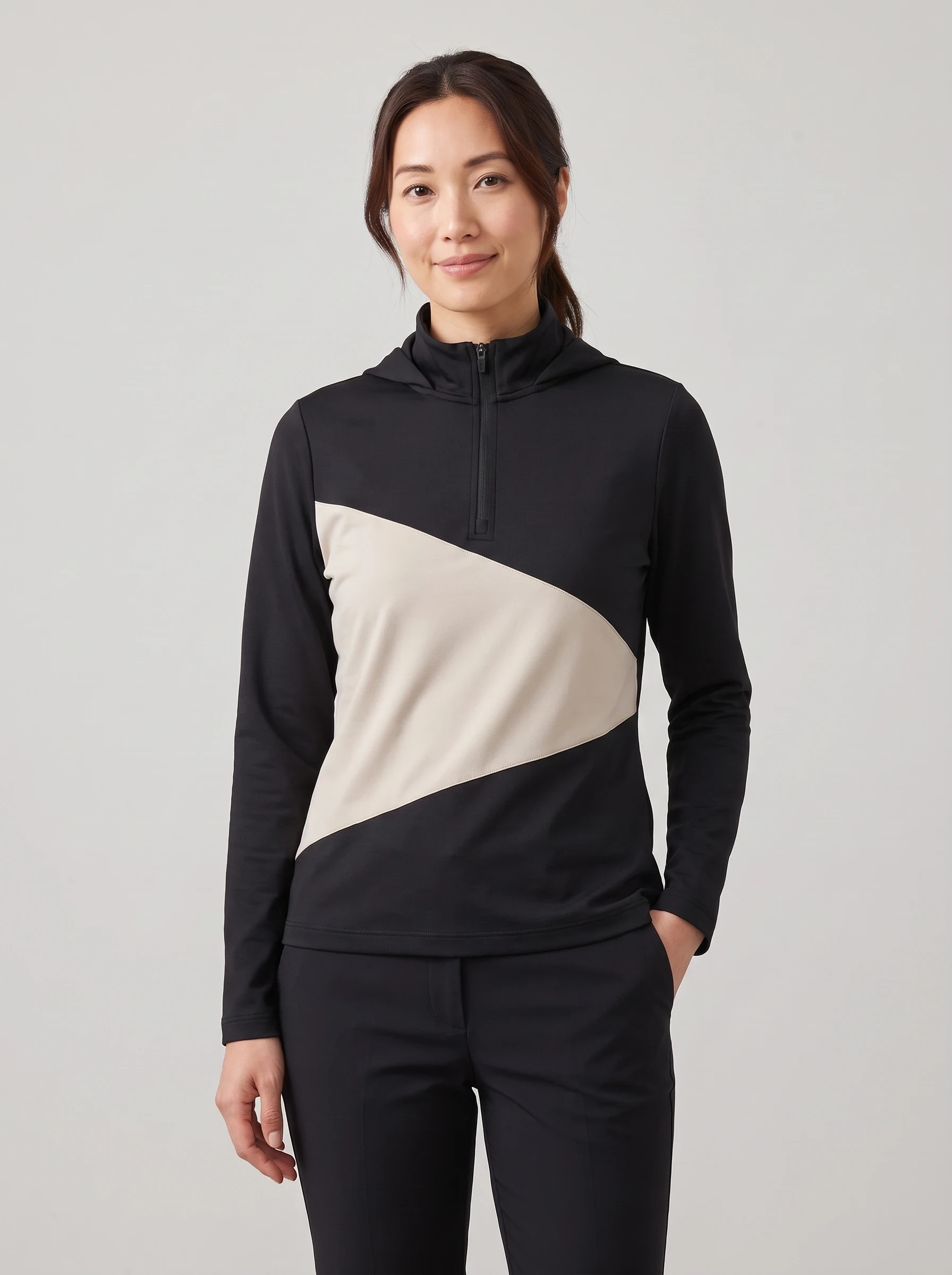 Black Cross Panel Quarter Zip, women zip tops & midlayers, front view