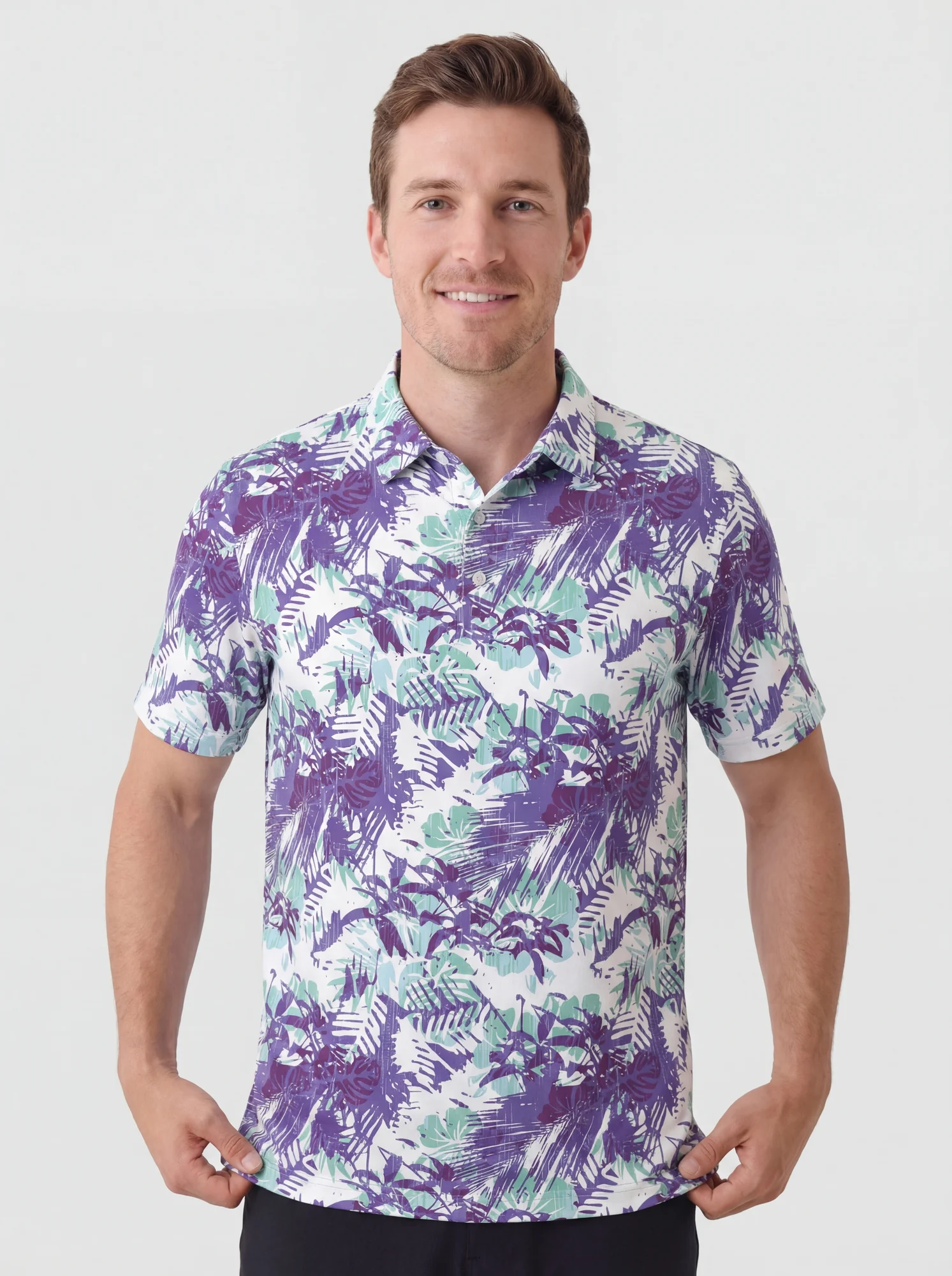 Men's purple & mint tropical leaf polo in purple / mint / white, front view
