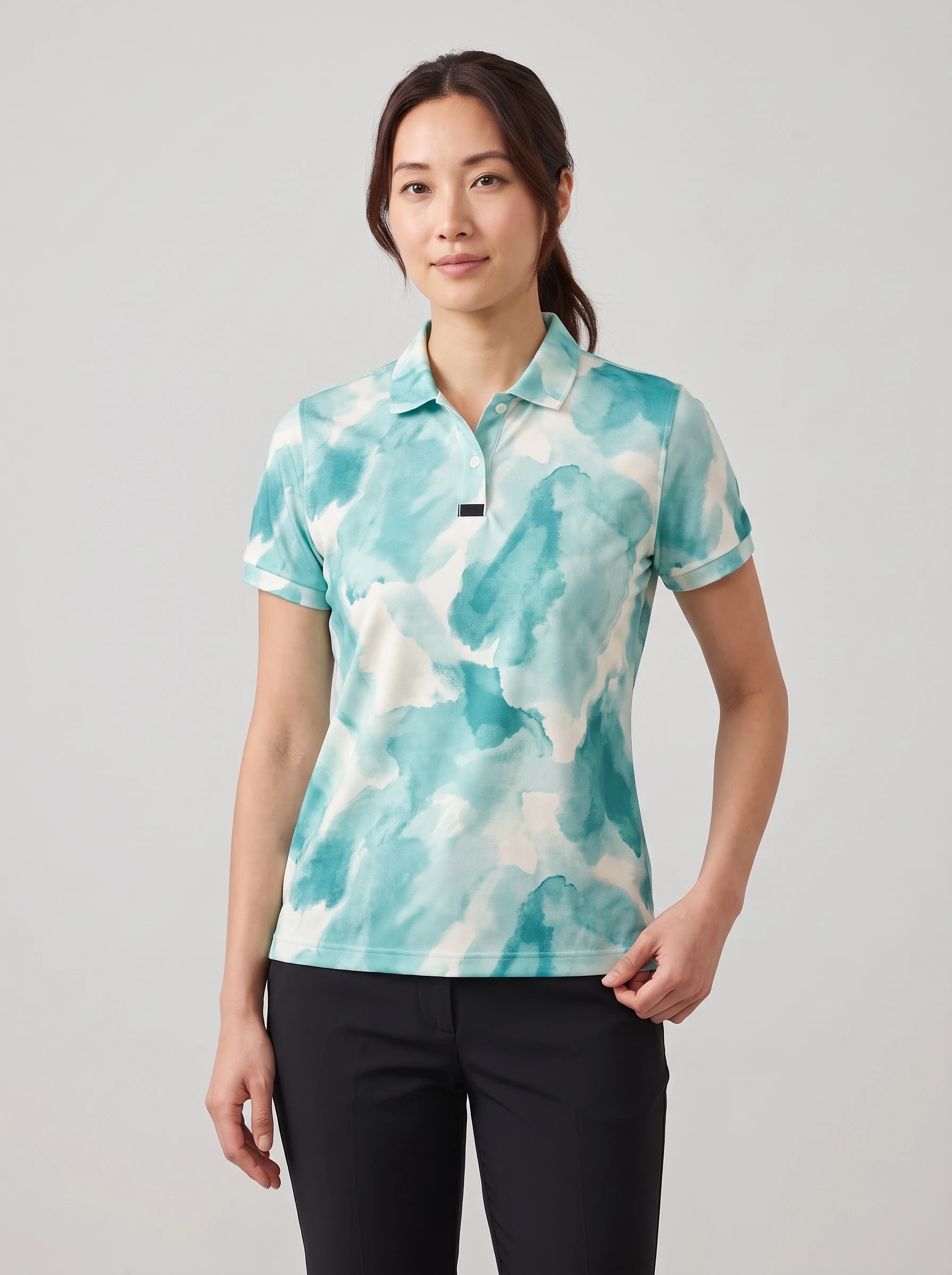 Teal Watercolor Short Sleeve Polo, women printed polos, front view