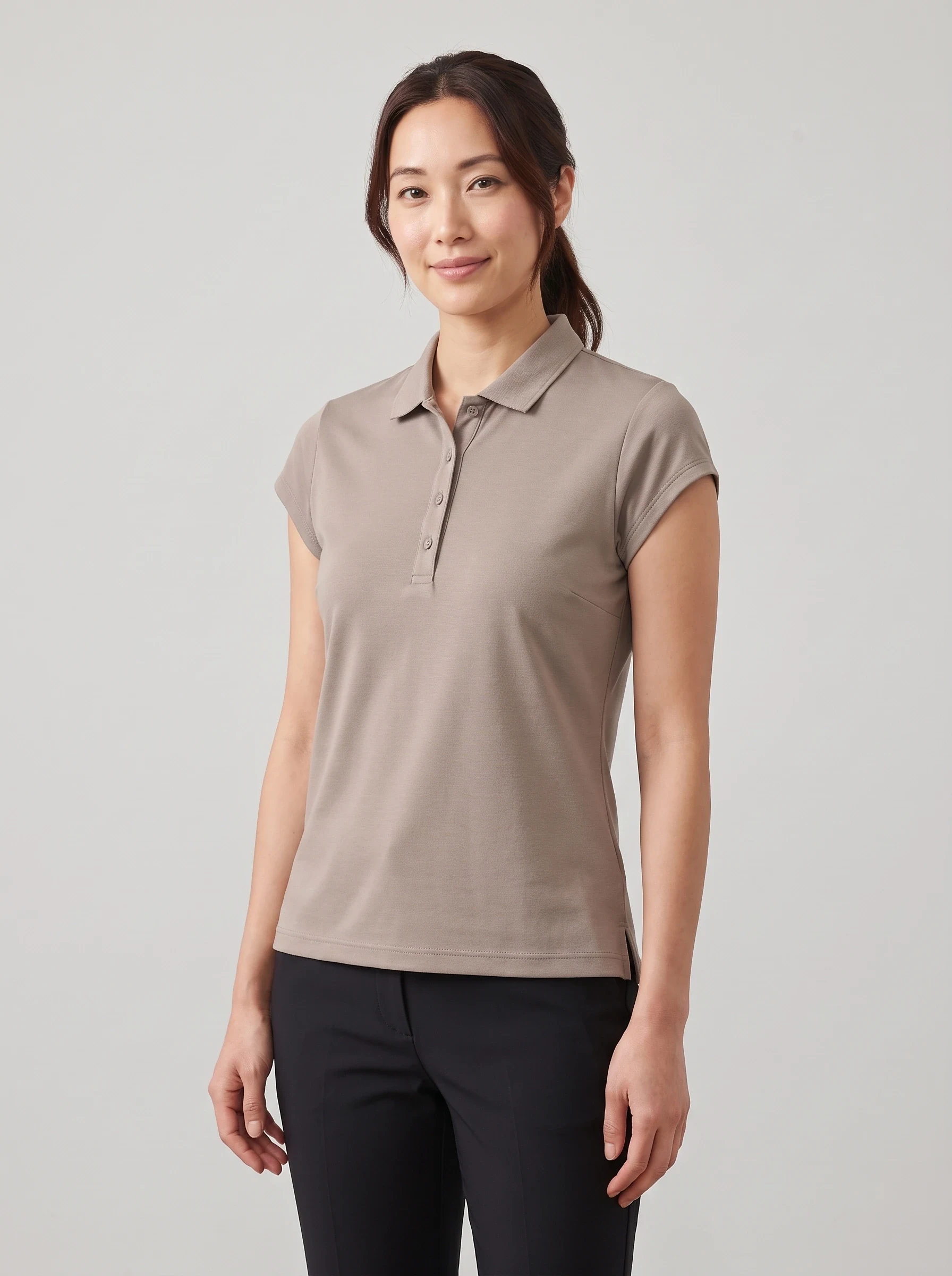 Taupe Hidden Placket Polo, women solid polos, front view