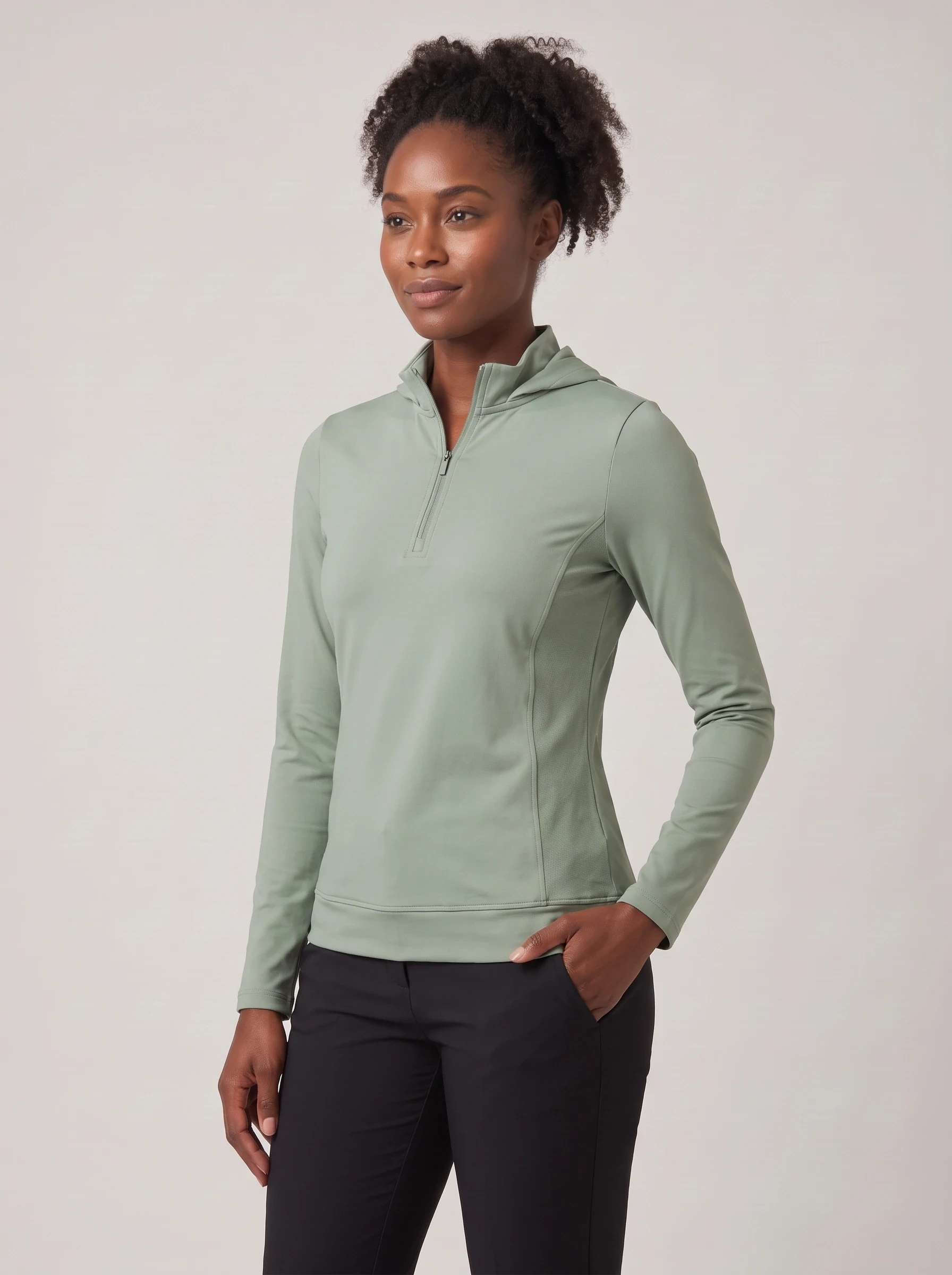Sage Rib Panel Half Zip, women zip tops & midlayers, side view