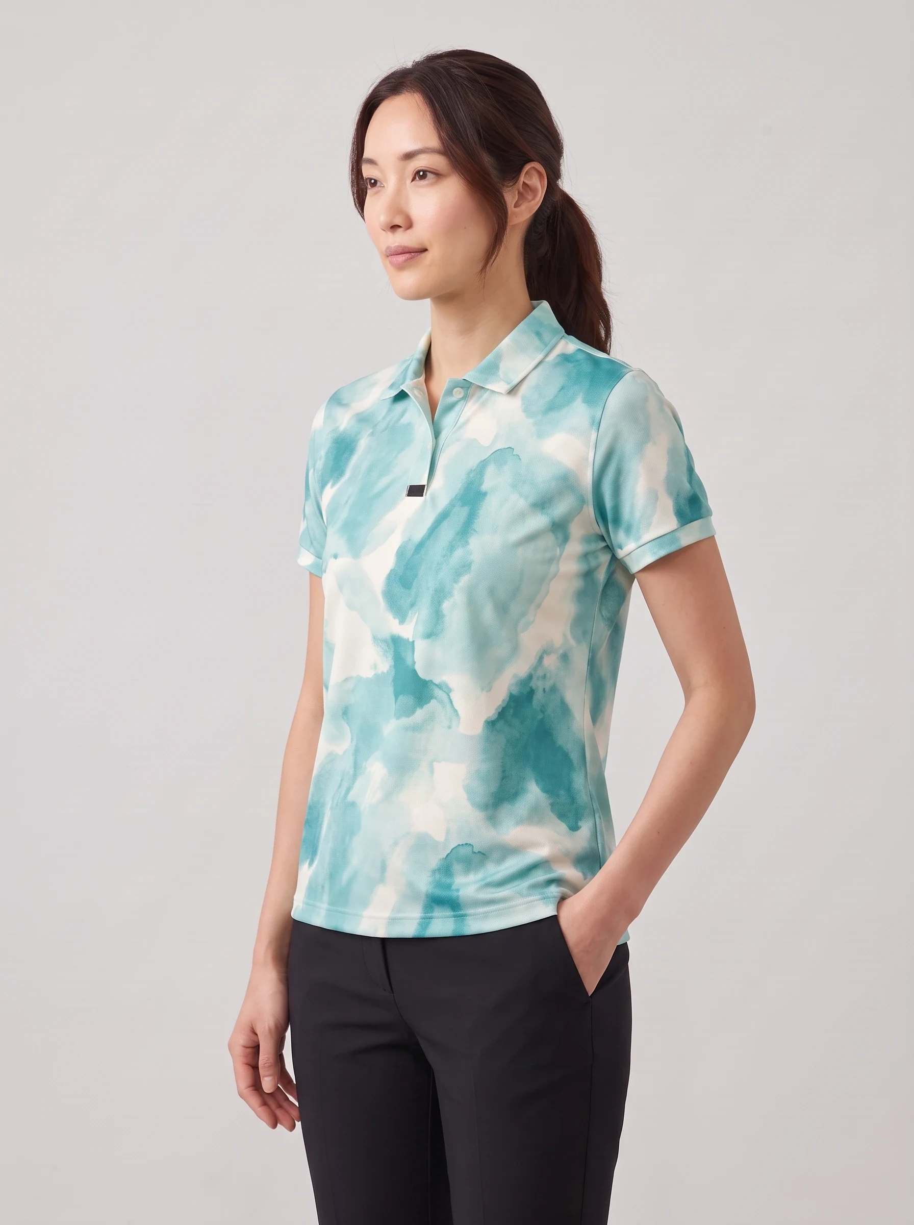 Teal Watercolor Short Sleeve Polo, women printed polos, side view