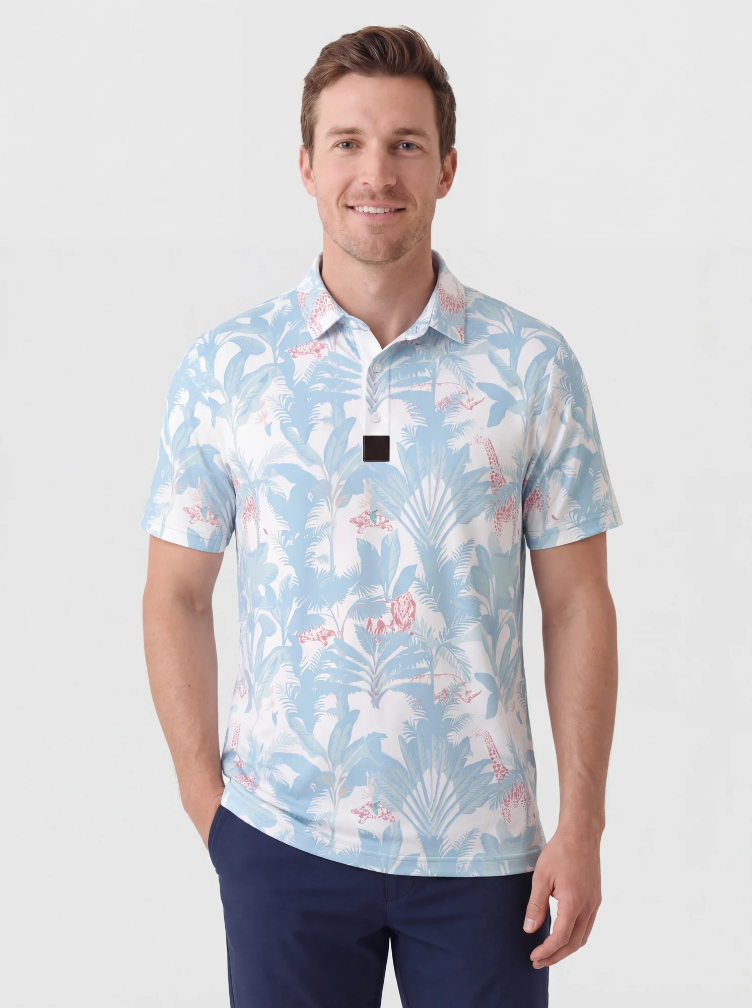 Men's powder blue tropical print polo in powder blue / white / pink, front view