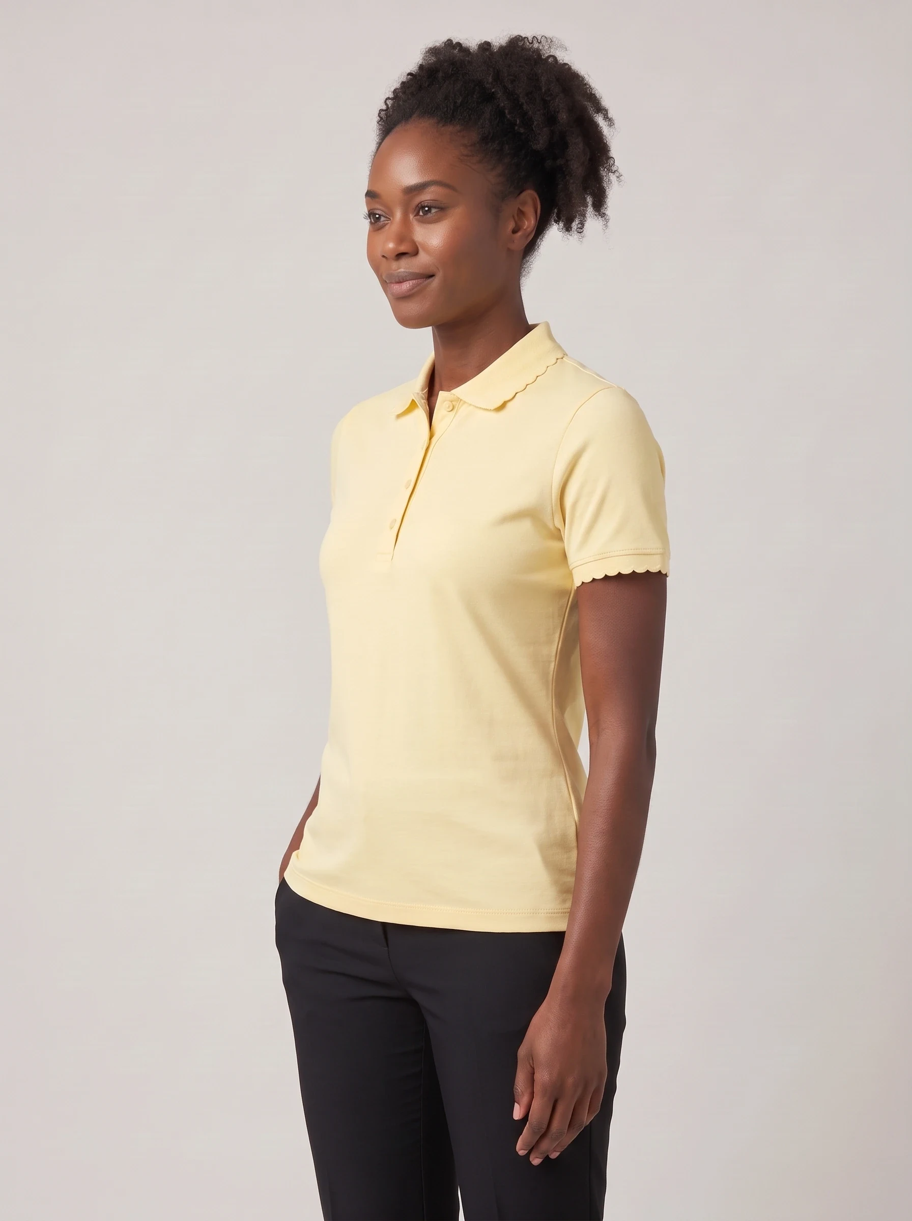 Butter Yellow Scallop Collar Polo, women solid polos, side view