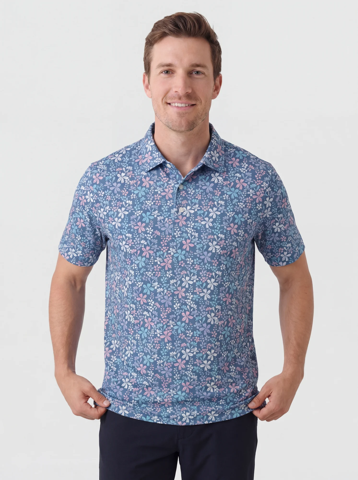 Men's blue & pink micro floral polo in blue / pink, front view
