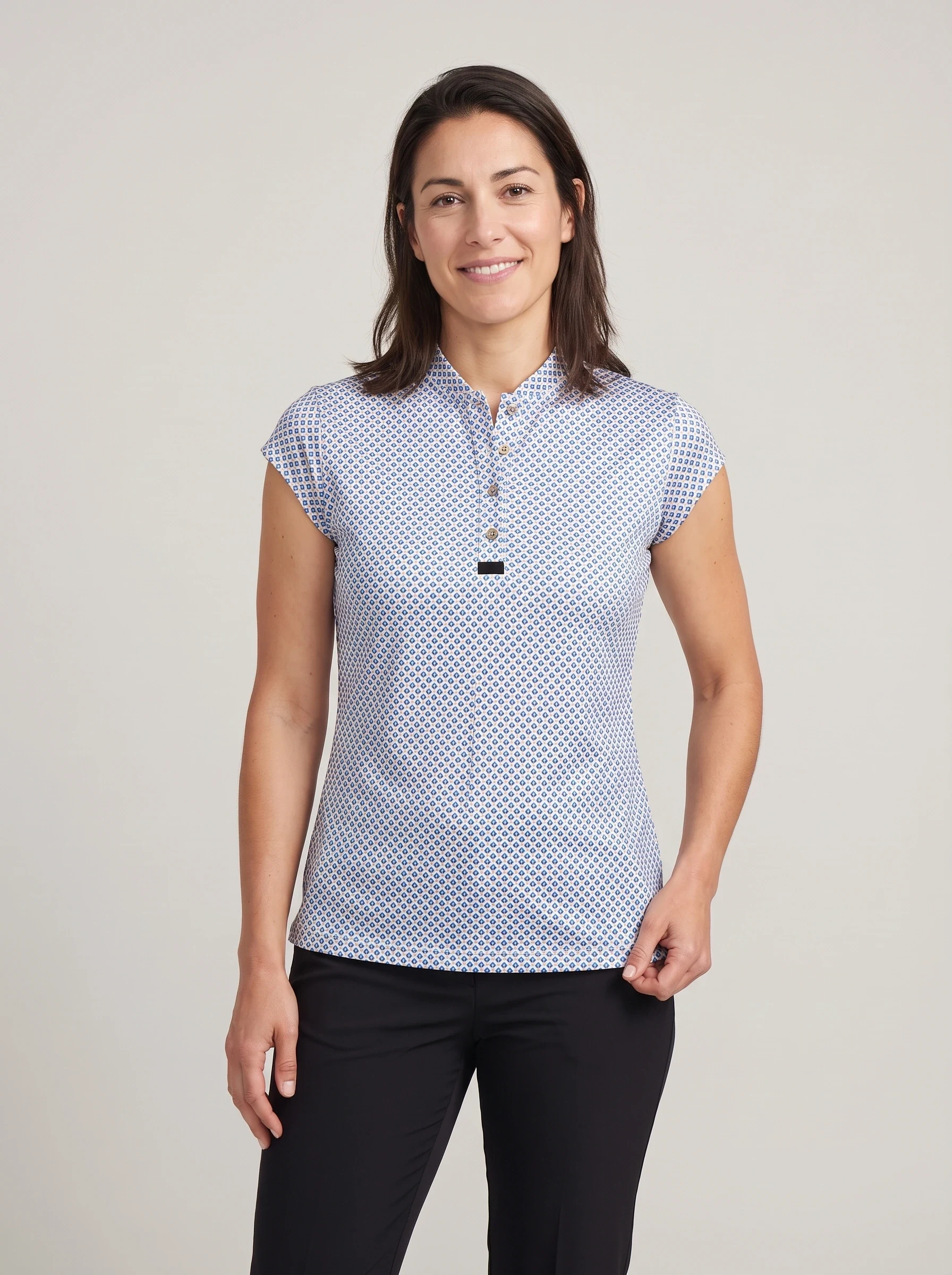 Blue Geometric Tile Polo, women printed polos, front view
