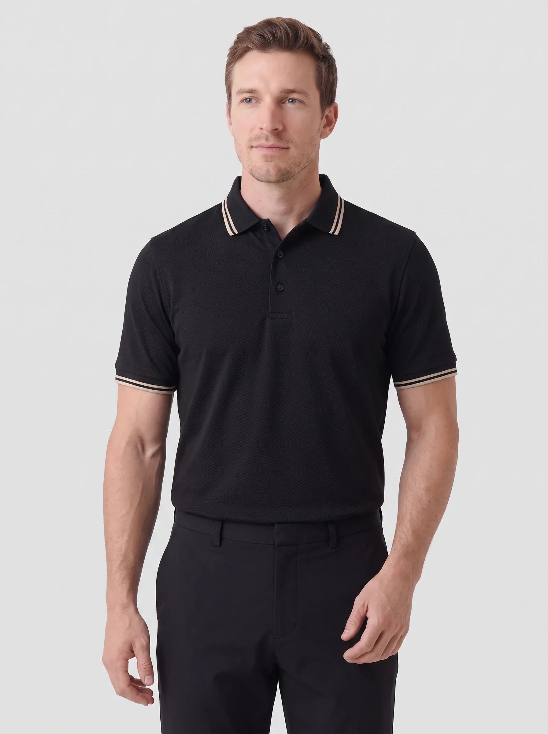 Black Tipped Rib Polo, men solid polos, front view