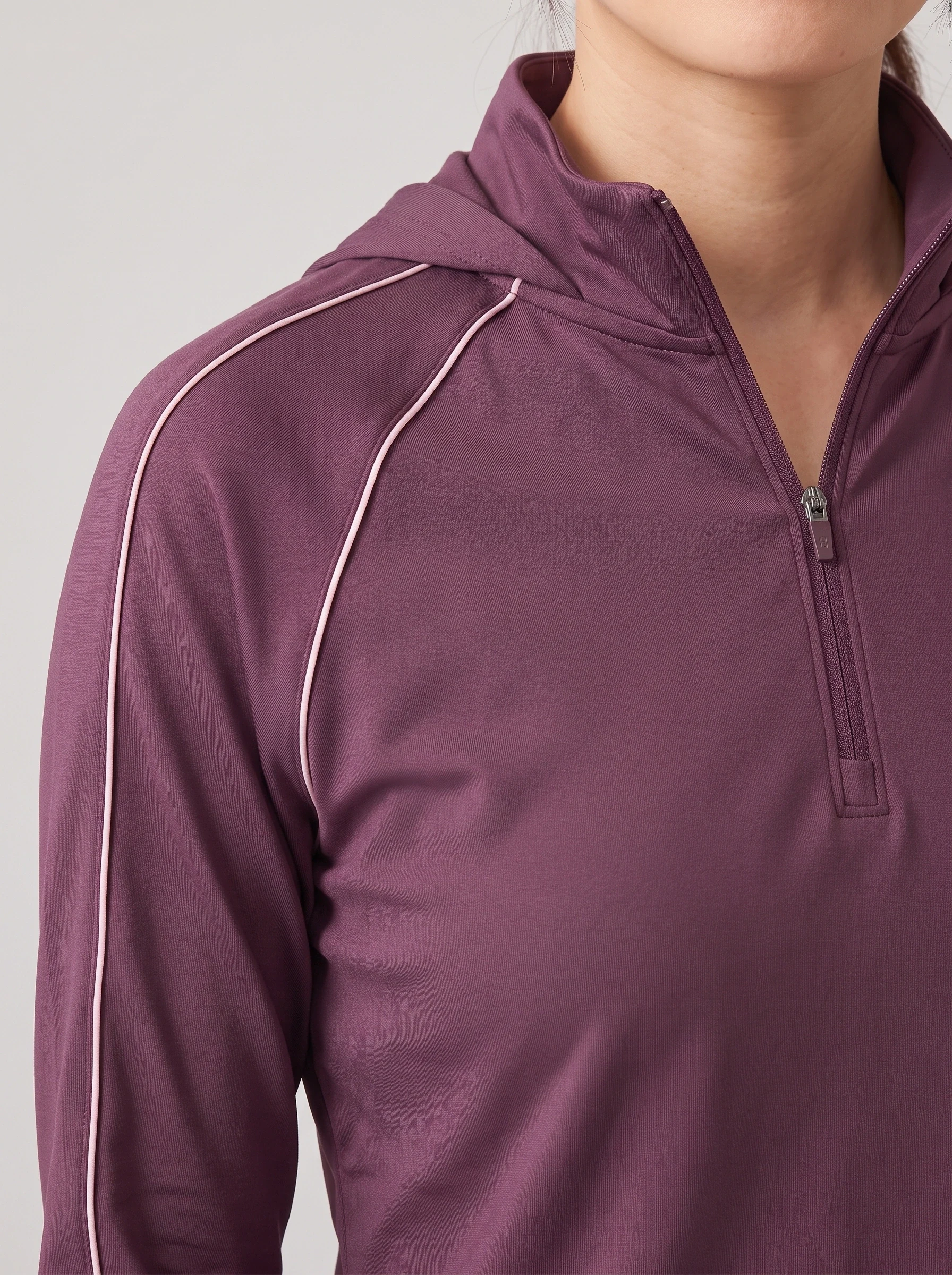 Plum Piped Quarter Zip, women zip tops & midlayers, Piped seam and neck zipper detail