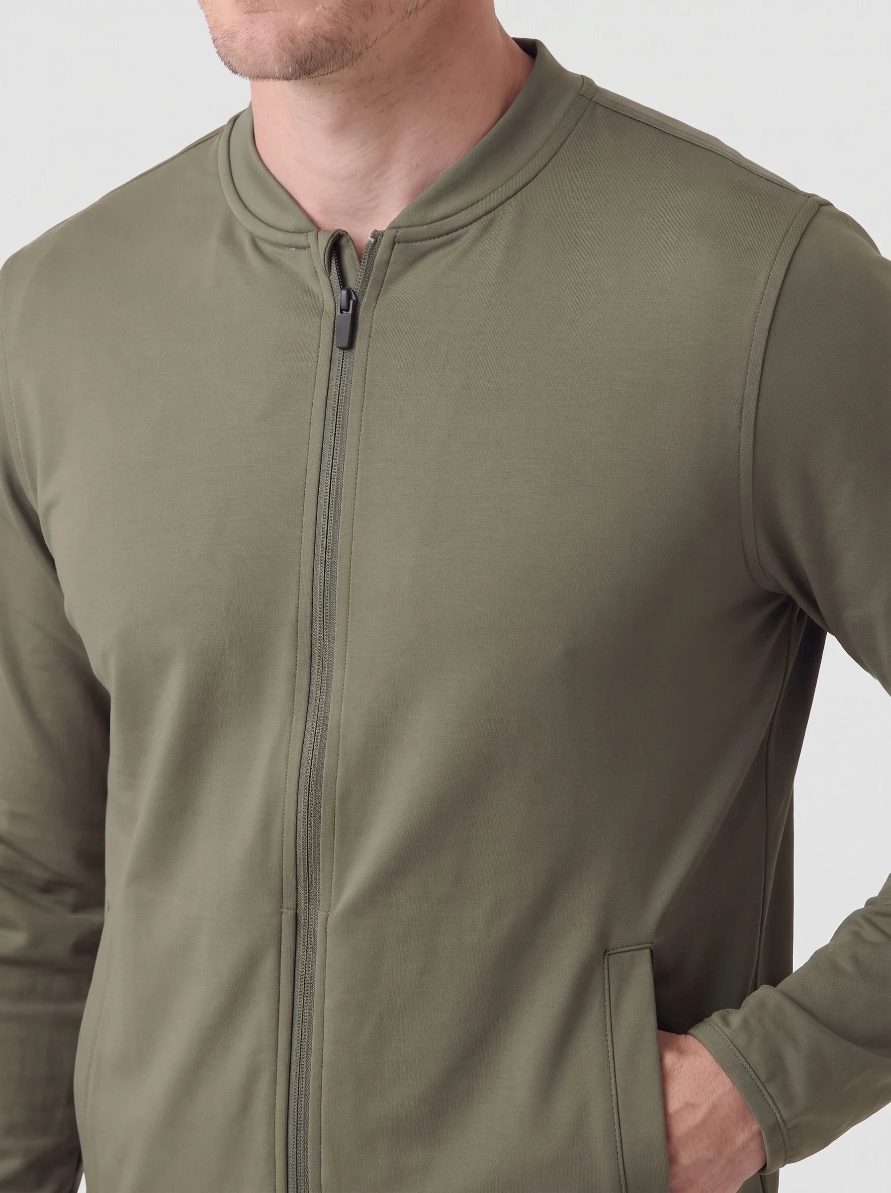 Olive Collarless Full Zip Layer, men zip tops & midlayers, Collarless bound neckline and welt pocket detail