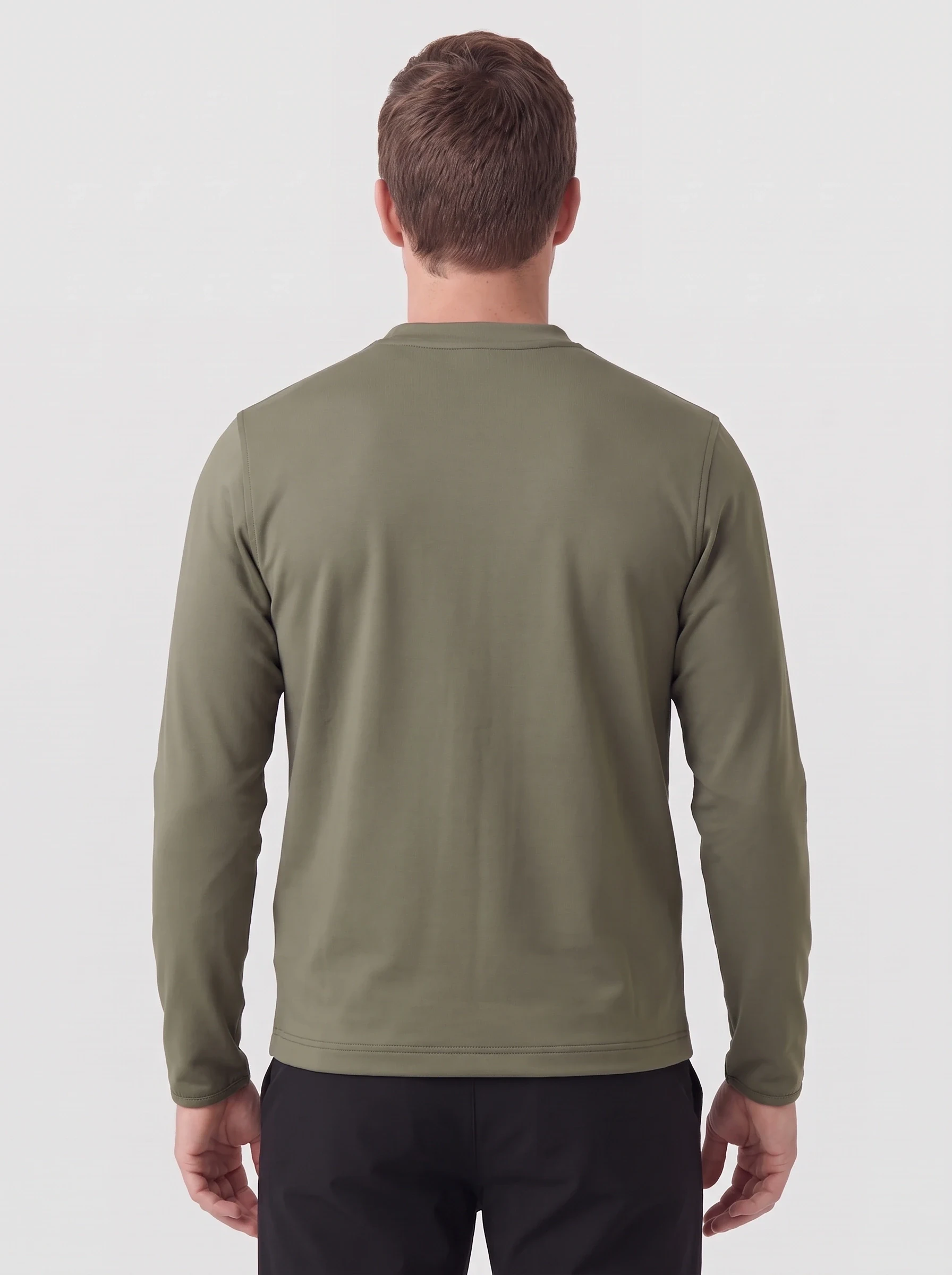 Olive Collarless Full Zip Layer, men zip tops & midlayers, back view