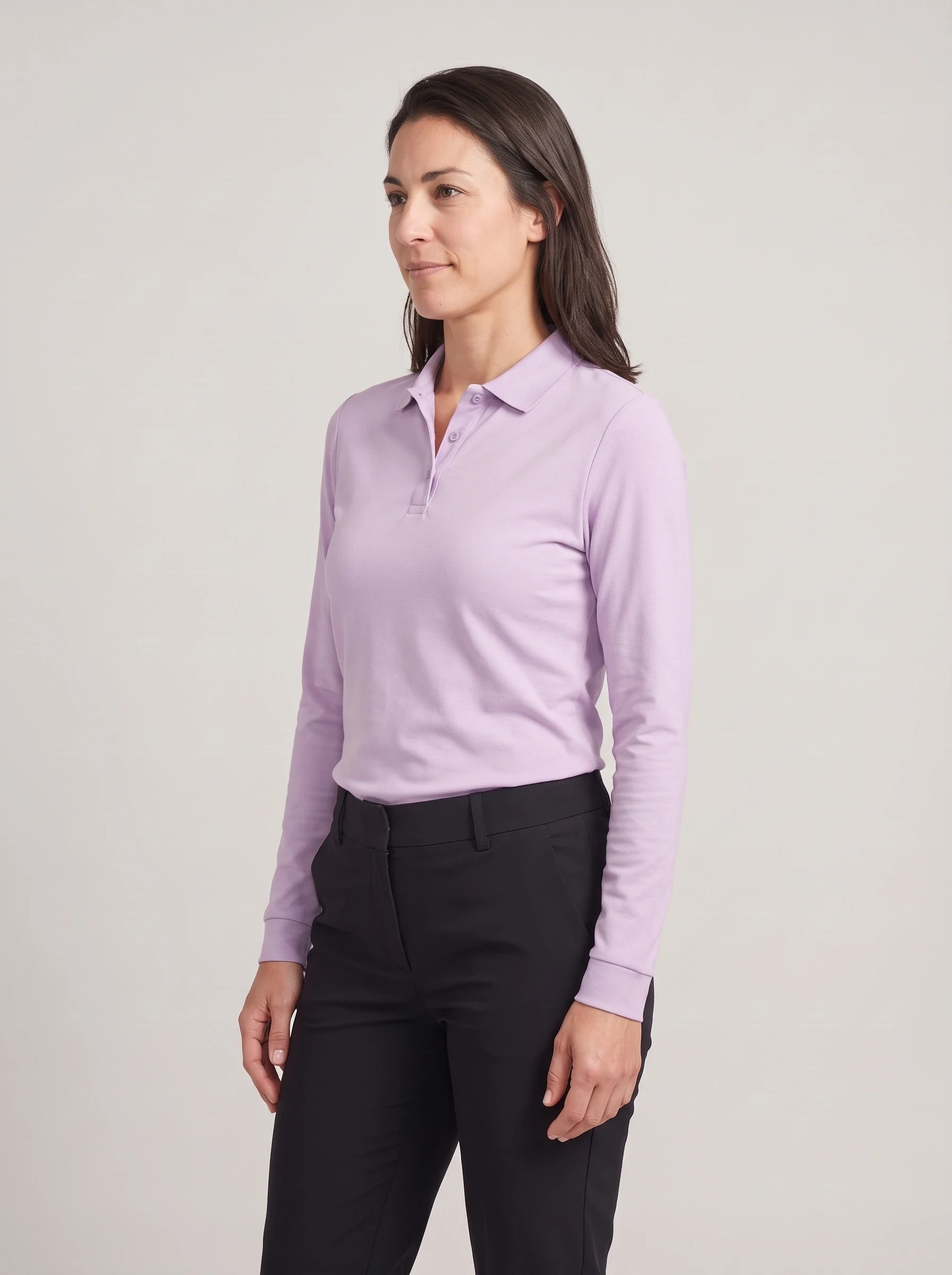 Lilac Long Sleeve Polo, women solid polos, side view