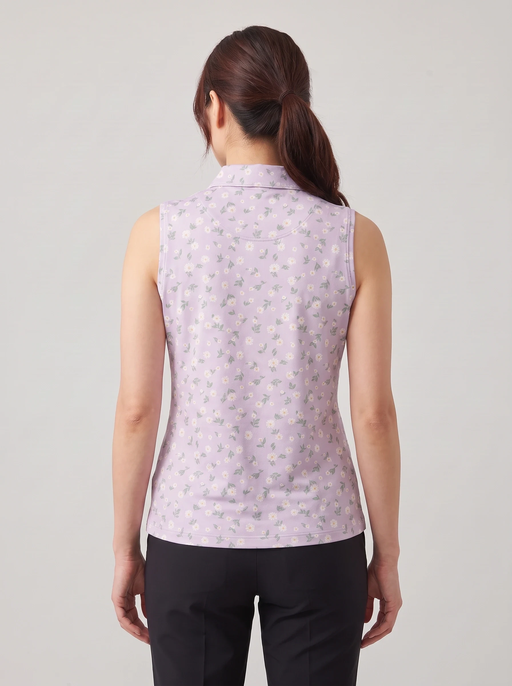 Lilac Meadow Sleeveless Polo, women printed polos, back view