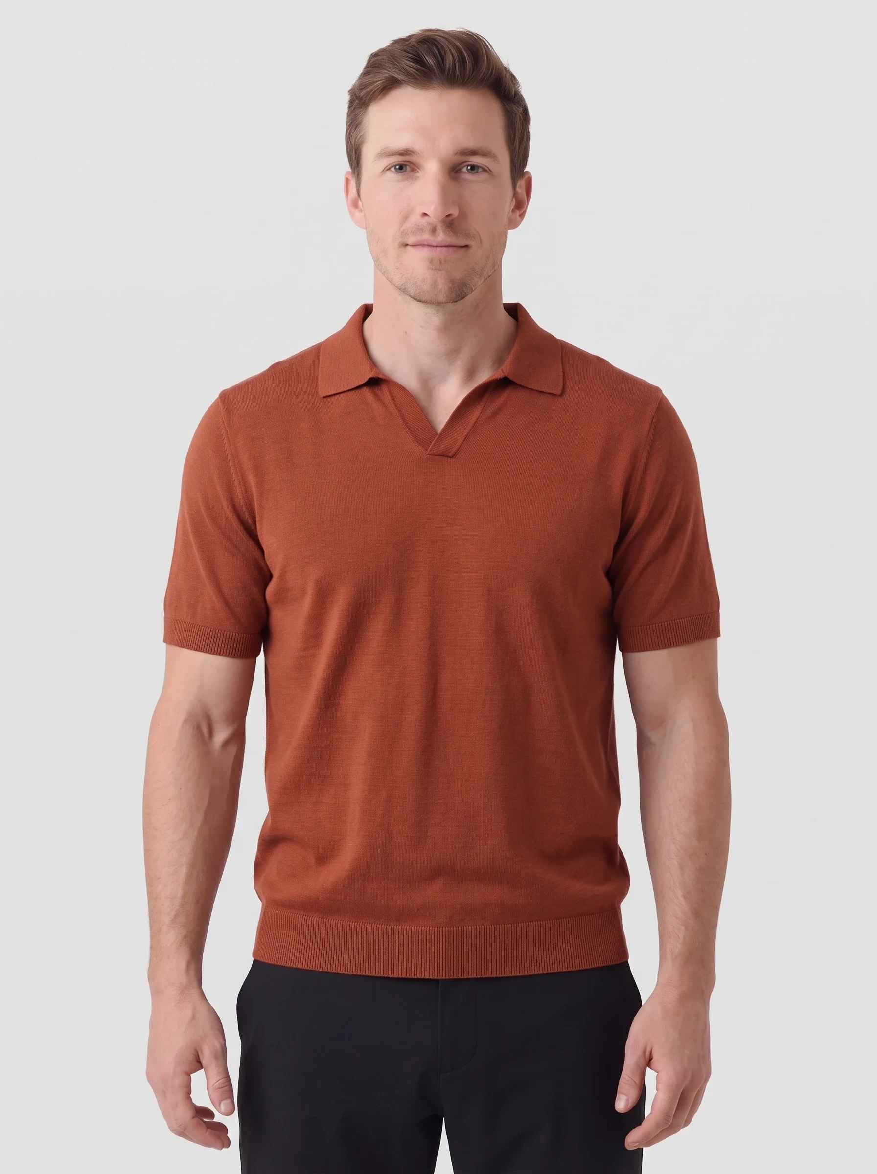 Rust Open Collar Knit Polo, men solid polos, front view