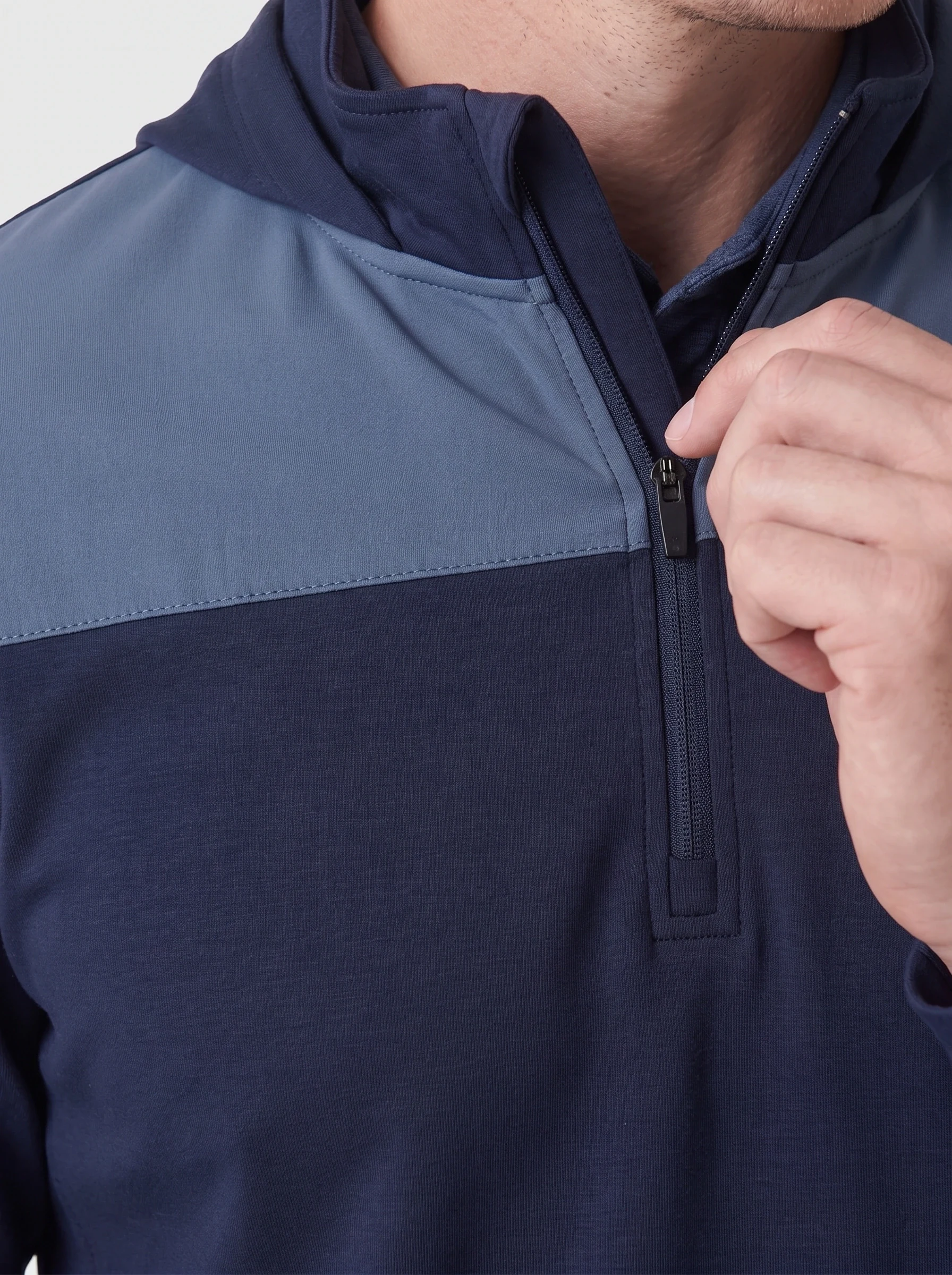 Navy Chest Panel Half Zip, men zip tops & midlayers, Chest panel seam and zipper detail