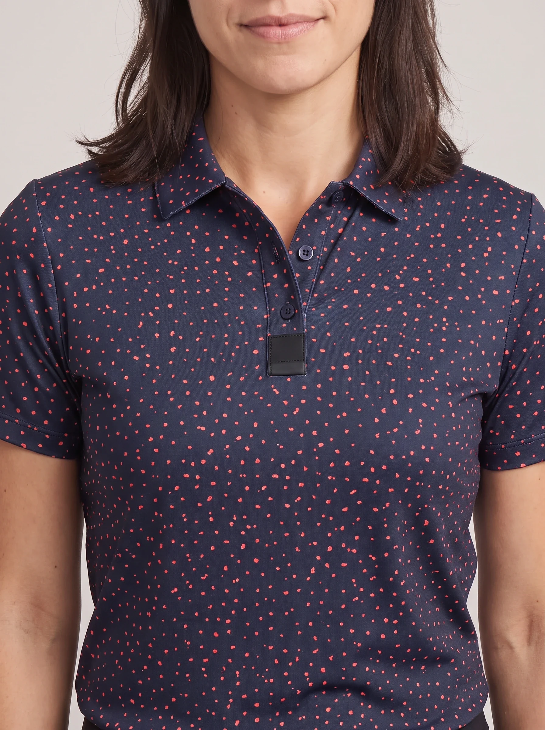 Navy Coral Dot Polo, women printed polos, Fine dot repeat and collar detail