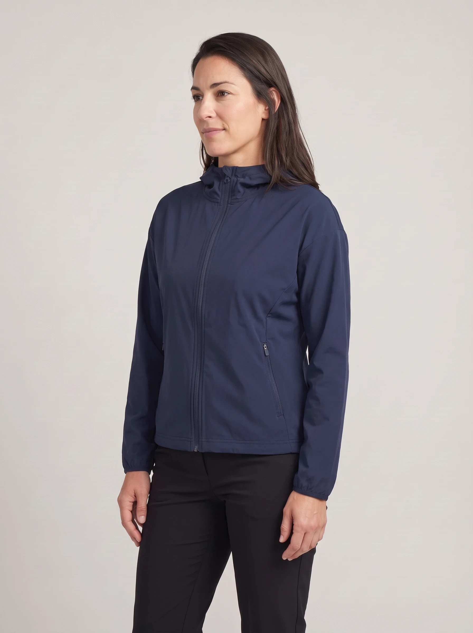 Navy Draw Hem Zip Hoodie, women hoodies, side view