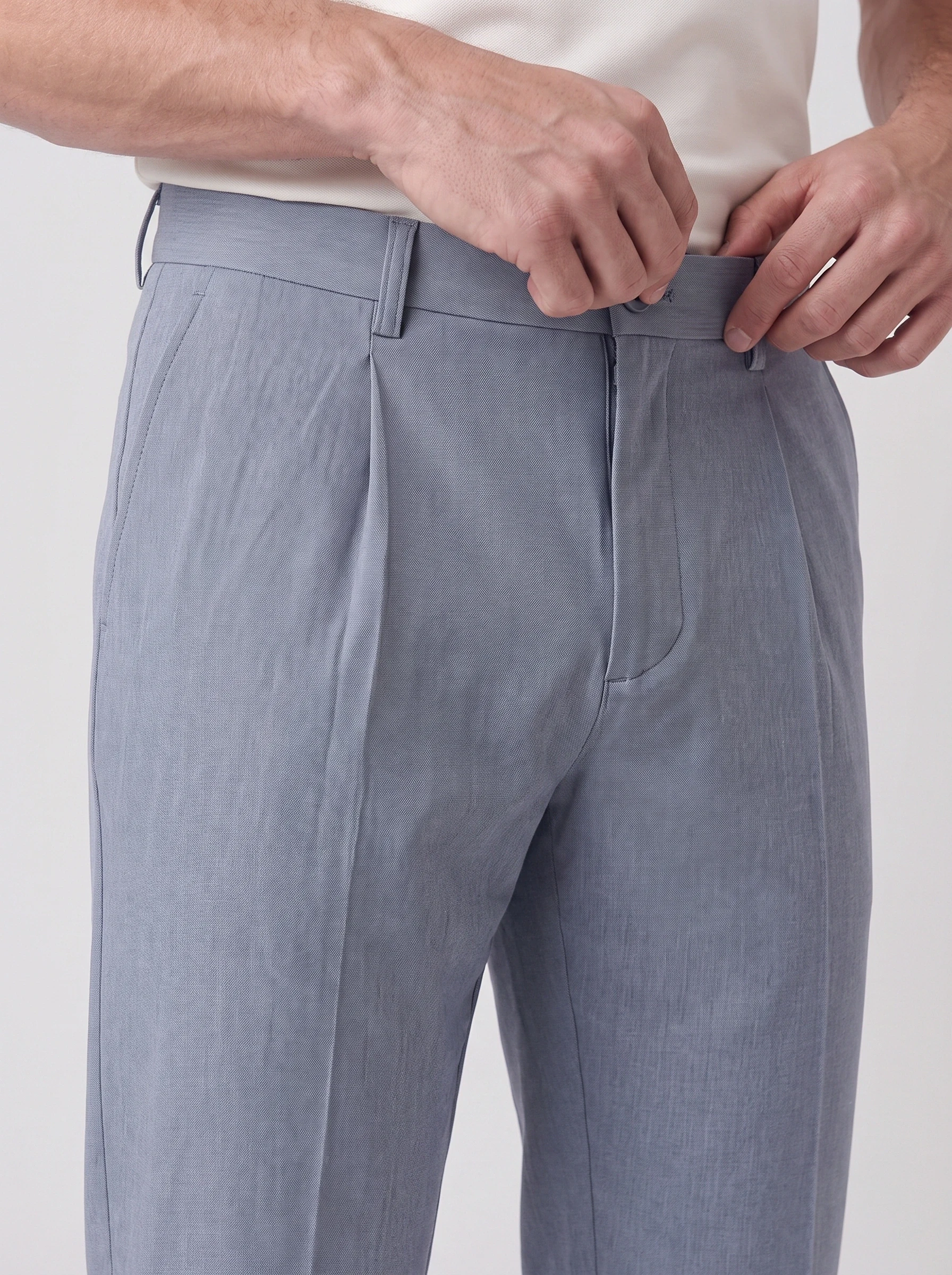 Blue Grey Double Pleat Trouser, men pants & trousers, Double shallow pleat and waistband detail