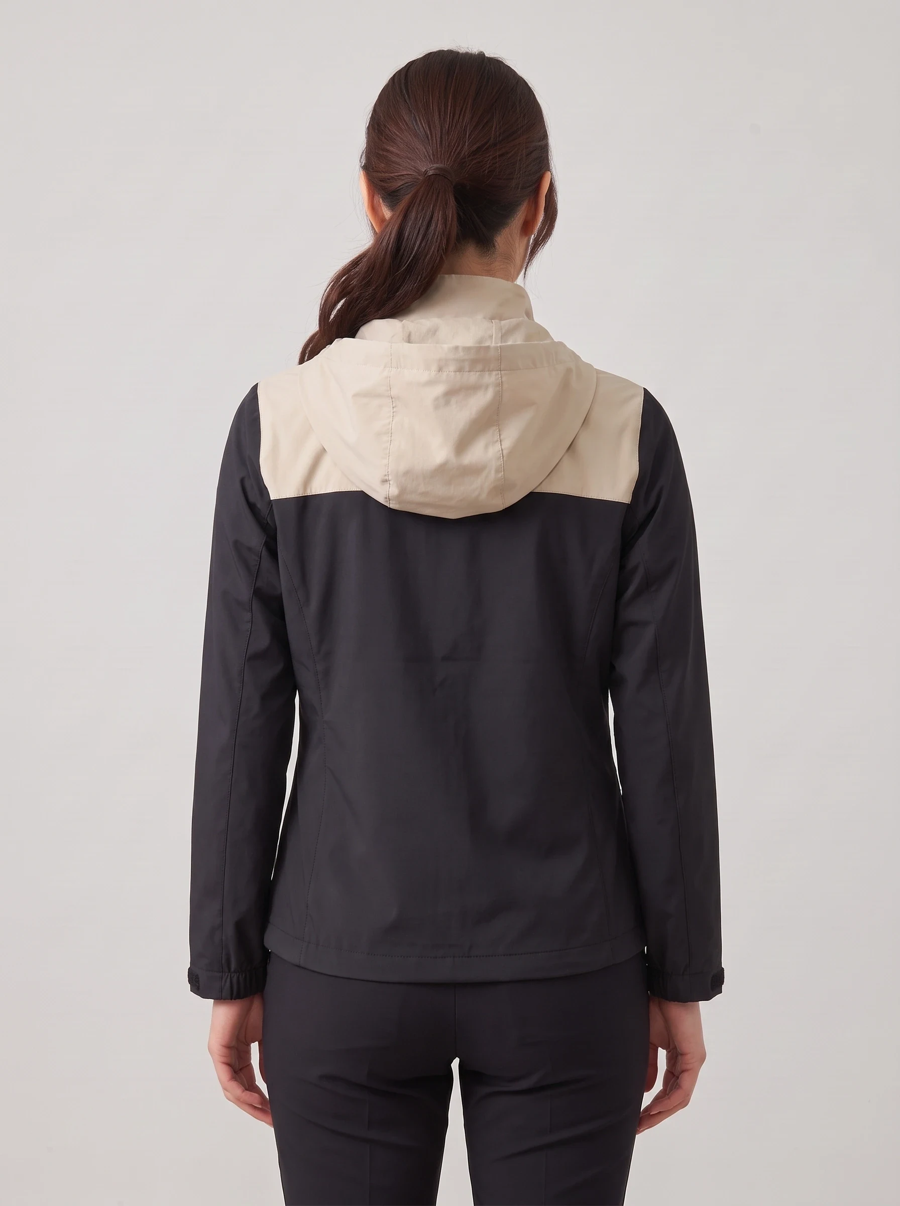 Black Two Tone Hooded Shell, women outerwear, back view
