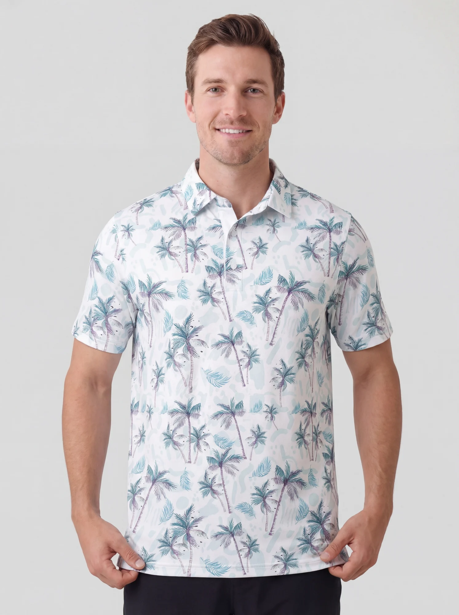Men's blue & pink palm sketch polo in white / blue / pink, front view