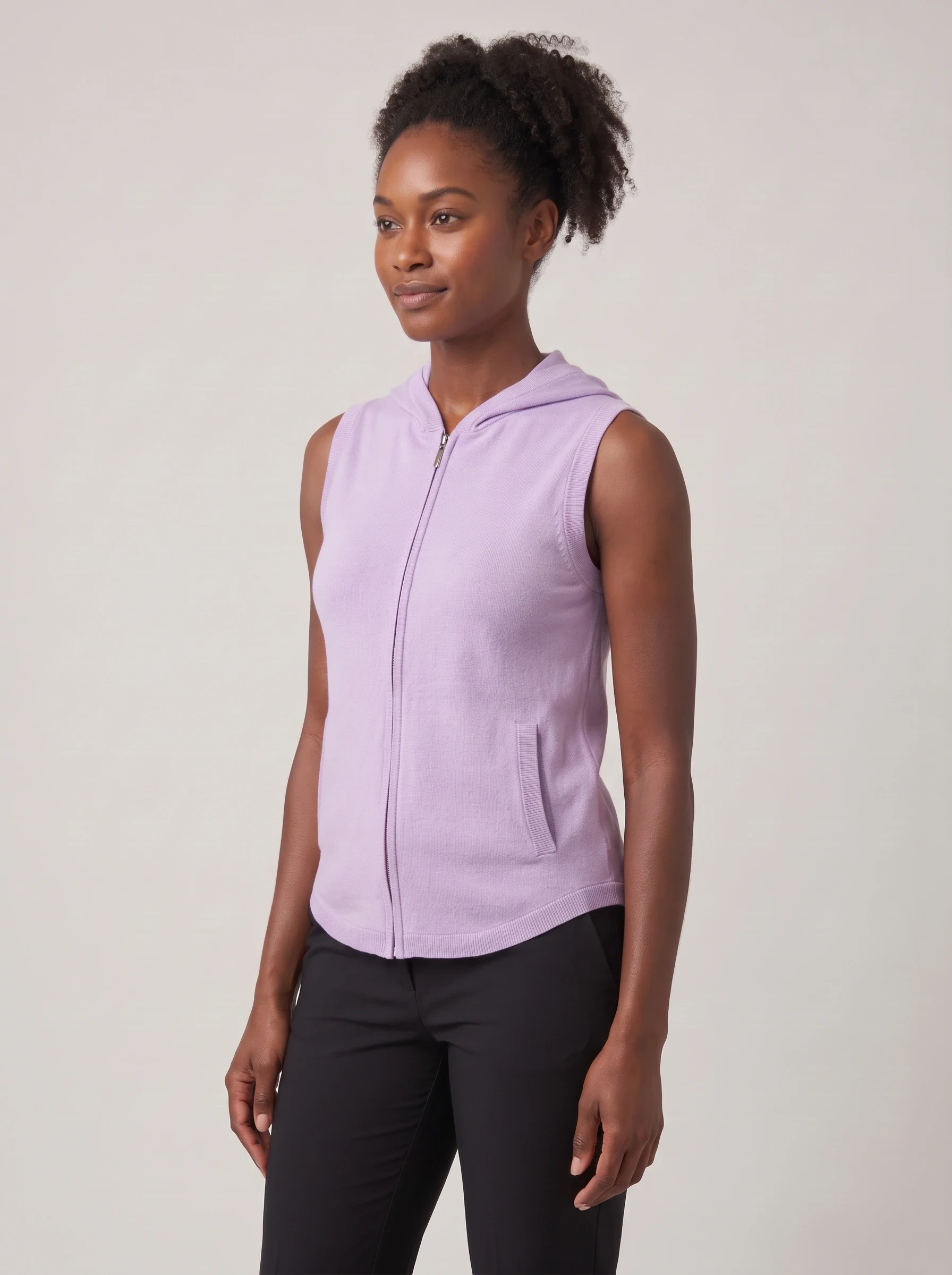 Lavender Sleeveless Hooded Vest, women hoodies, side view