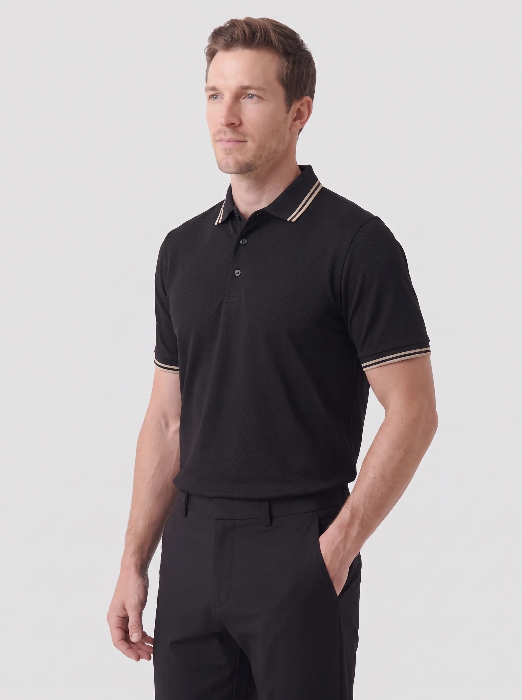 Black Tipped Rib Polo, men solid polos, side view