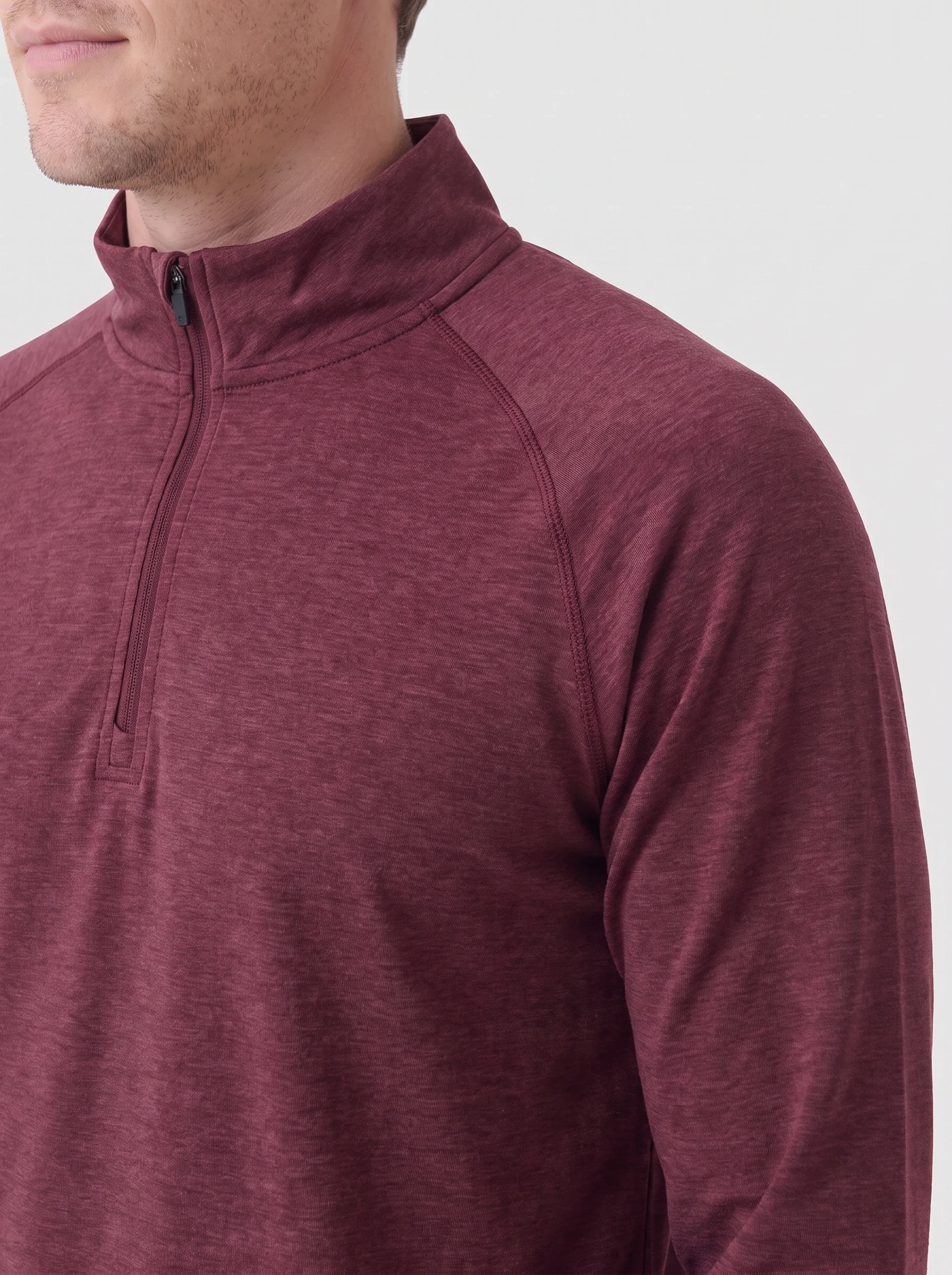 Wine Melange Half Zip, men zip tops & midlayers, Heather surface and raglan flatlock seam detail