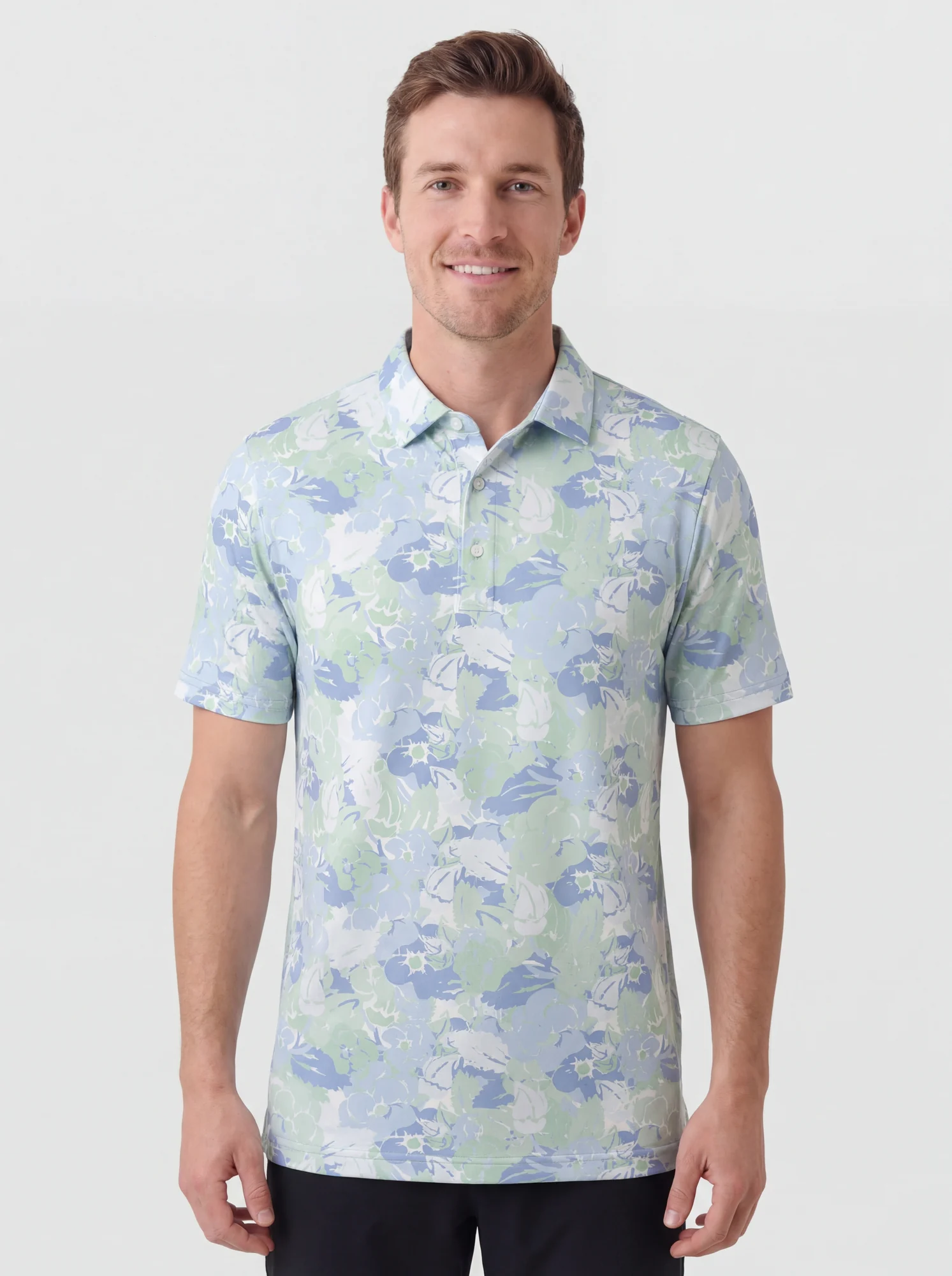 Men's blue & lime botanical polo in light blue / lime / white, front view