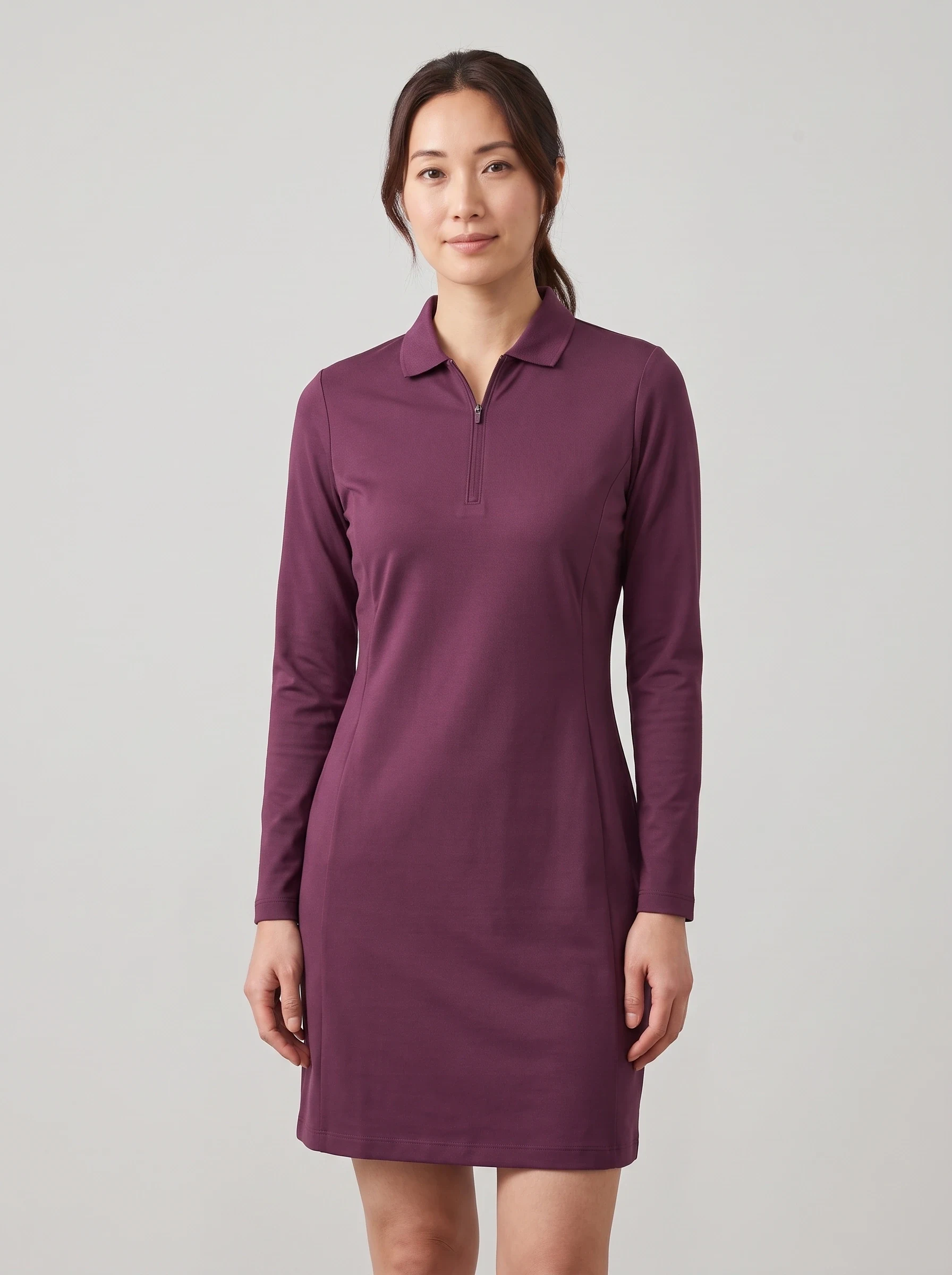 Plum Long Sleeve Golf Dress, women golf dresses, front view