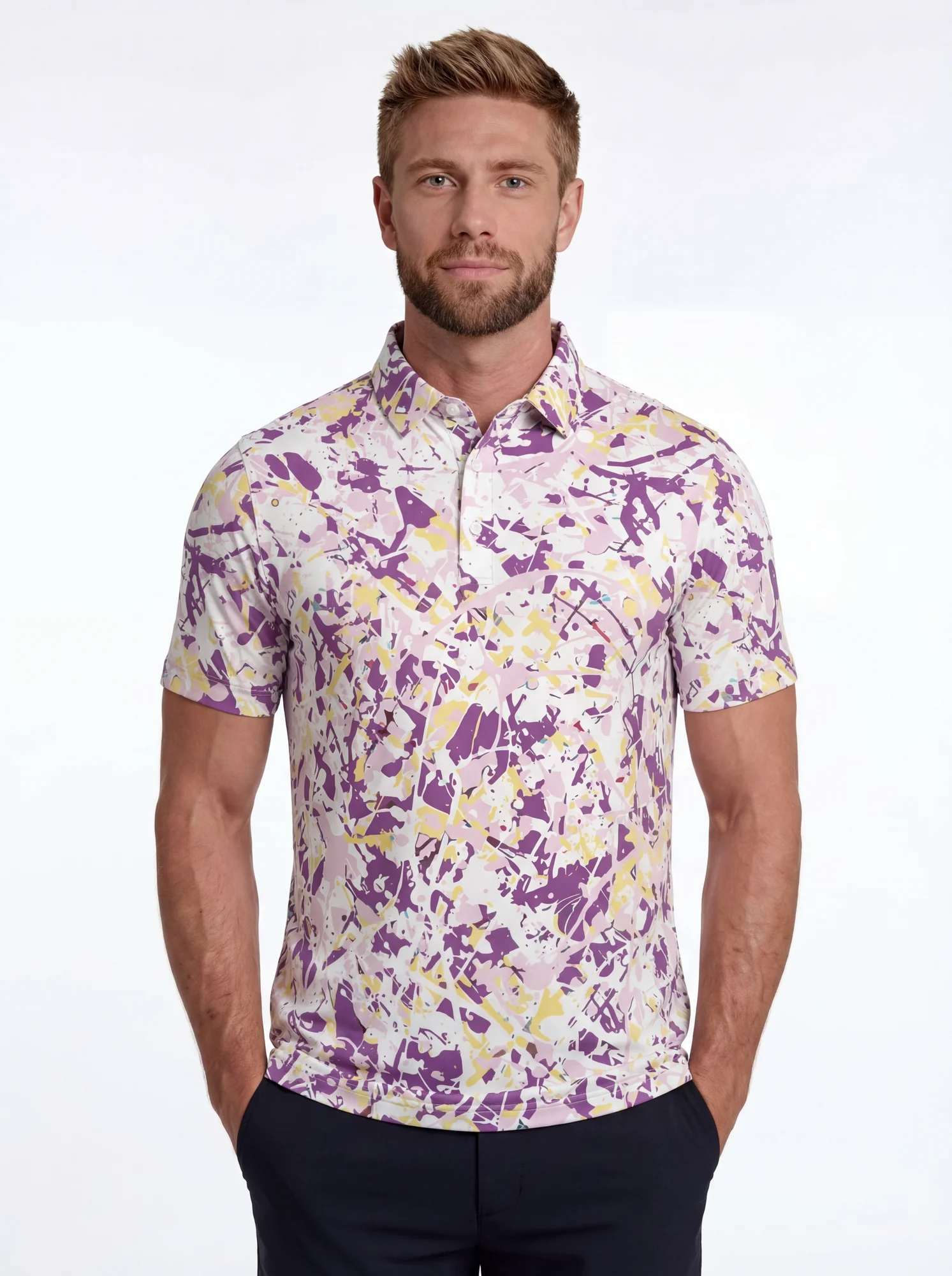 Men's purple abstract splatter print polo in white / purple / yellow, front view