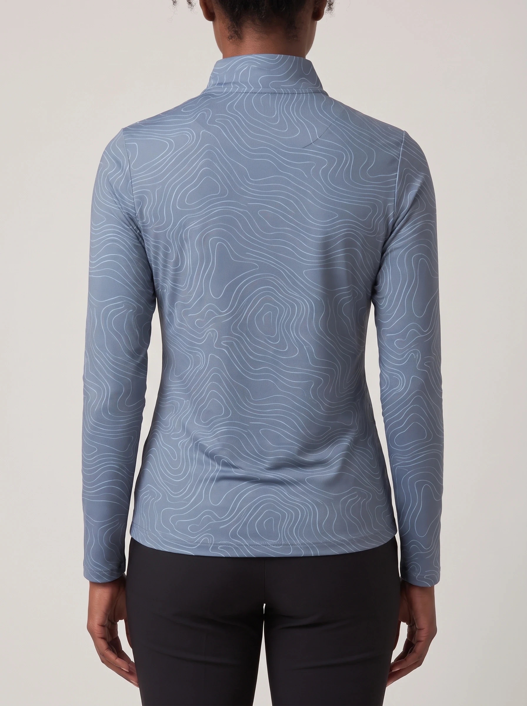 Slate Contour Long Sleeve Polo, women printed polos, back view