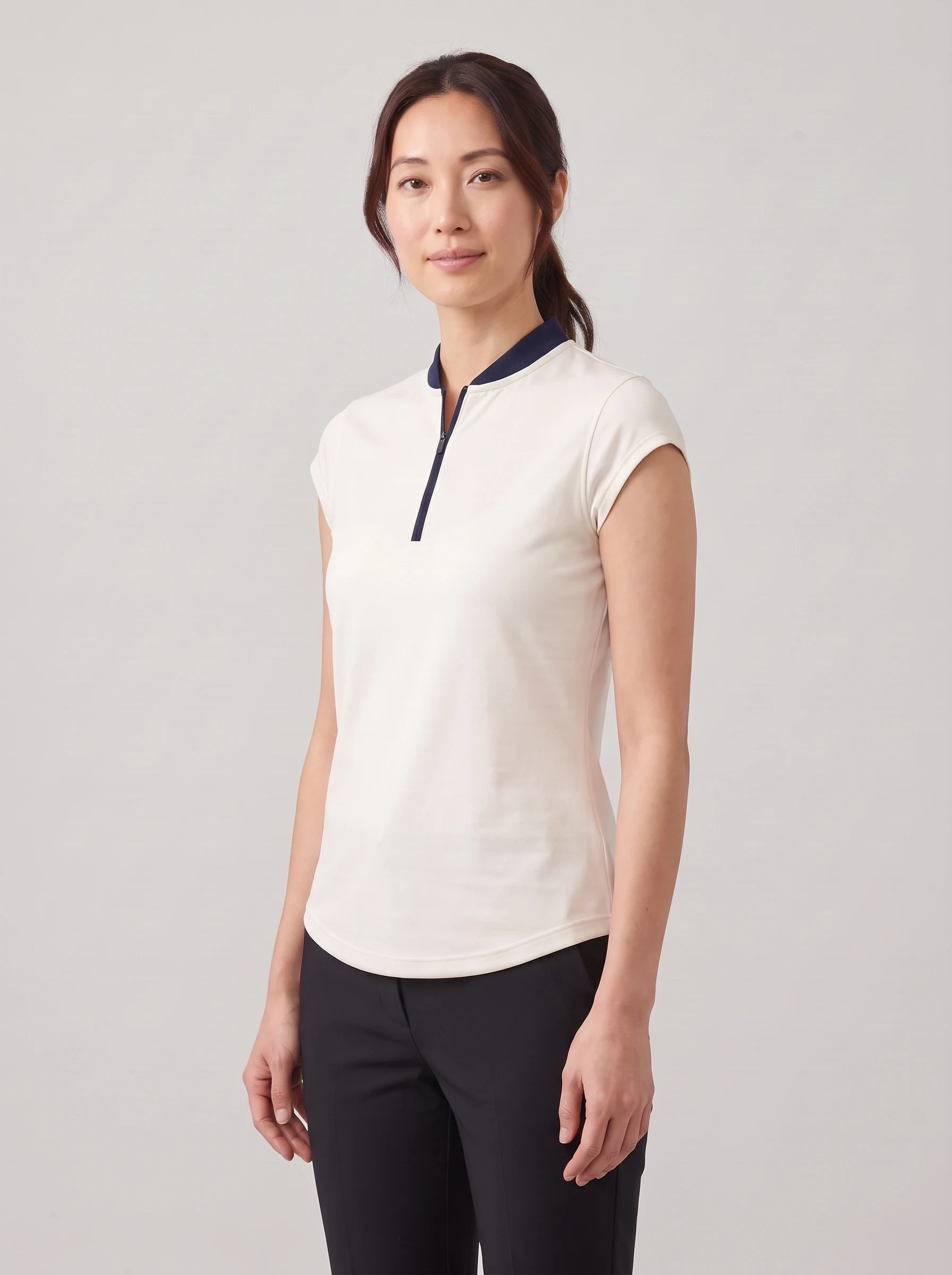 Ivory Mandarin Neck Polo, women solid polos, side view
