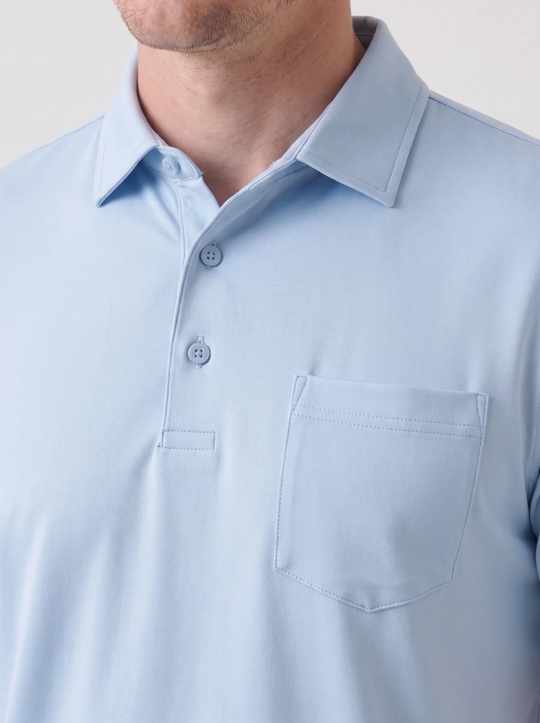 Ice Blue Chest Pocket Polo, men solid polos, Patch pocket corners and placket stitching detail