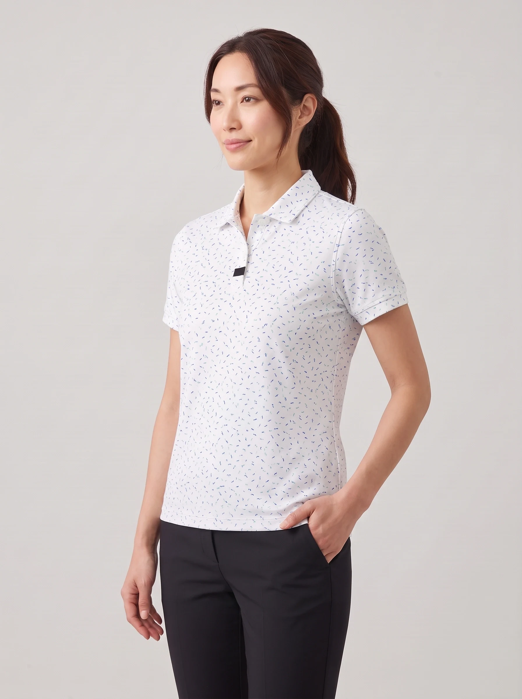 White Abstract Dash Polo, women printed polos, side view