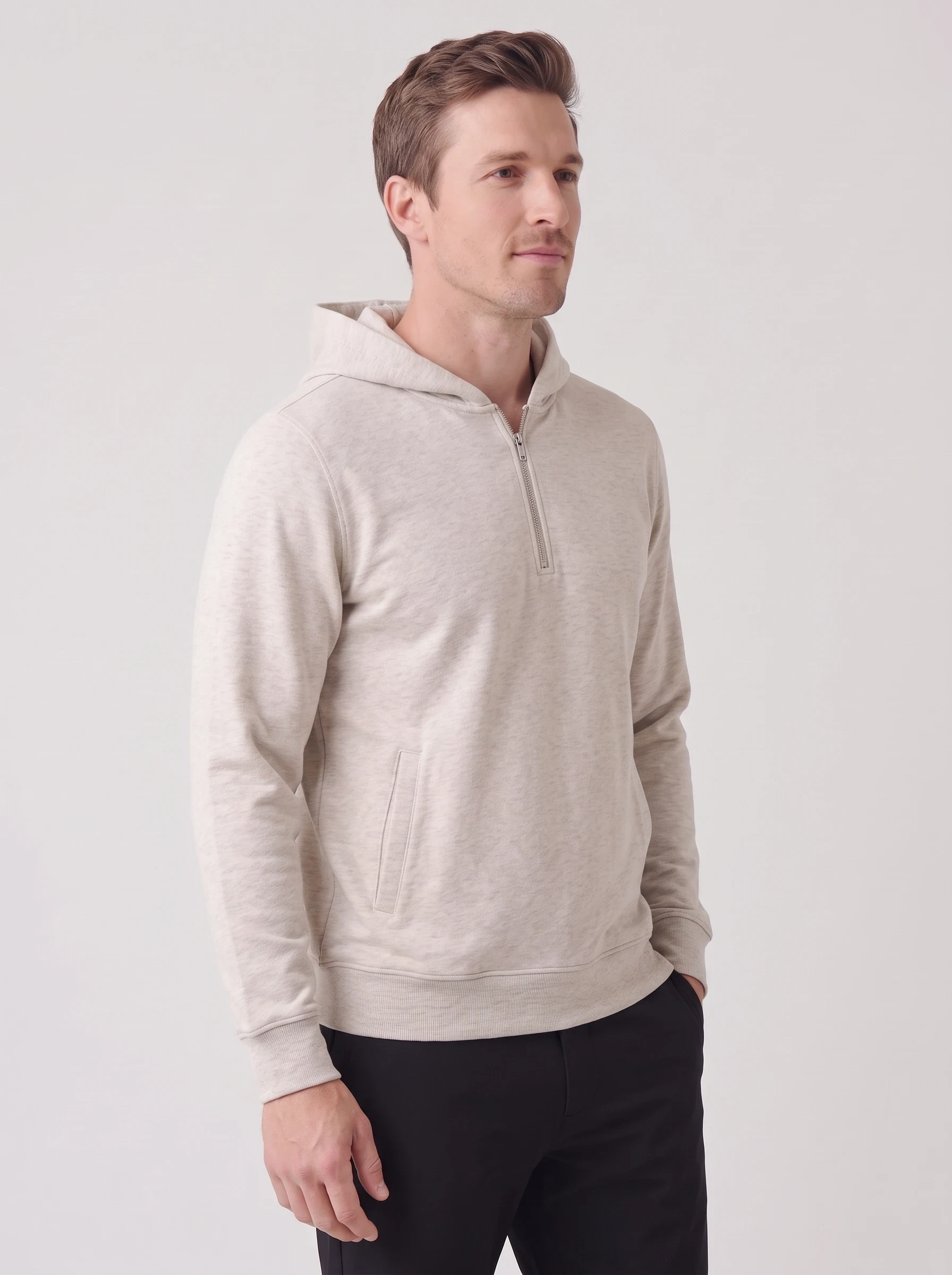 Oatmeal Rib Hem Half Zip Hoodie, men hoodies, side view