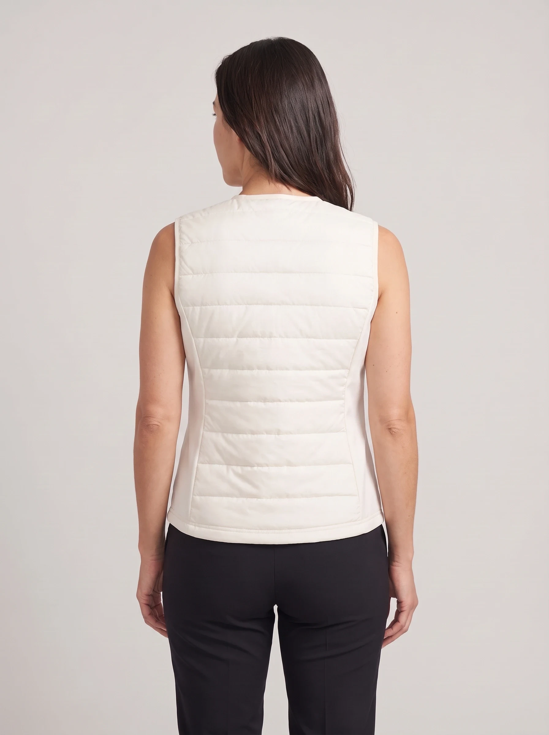 Ivory Quilted Collarless Vest, women outerwear, back view