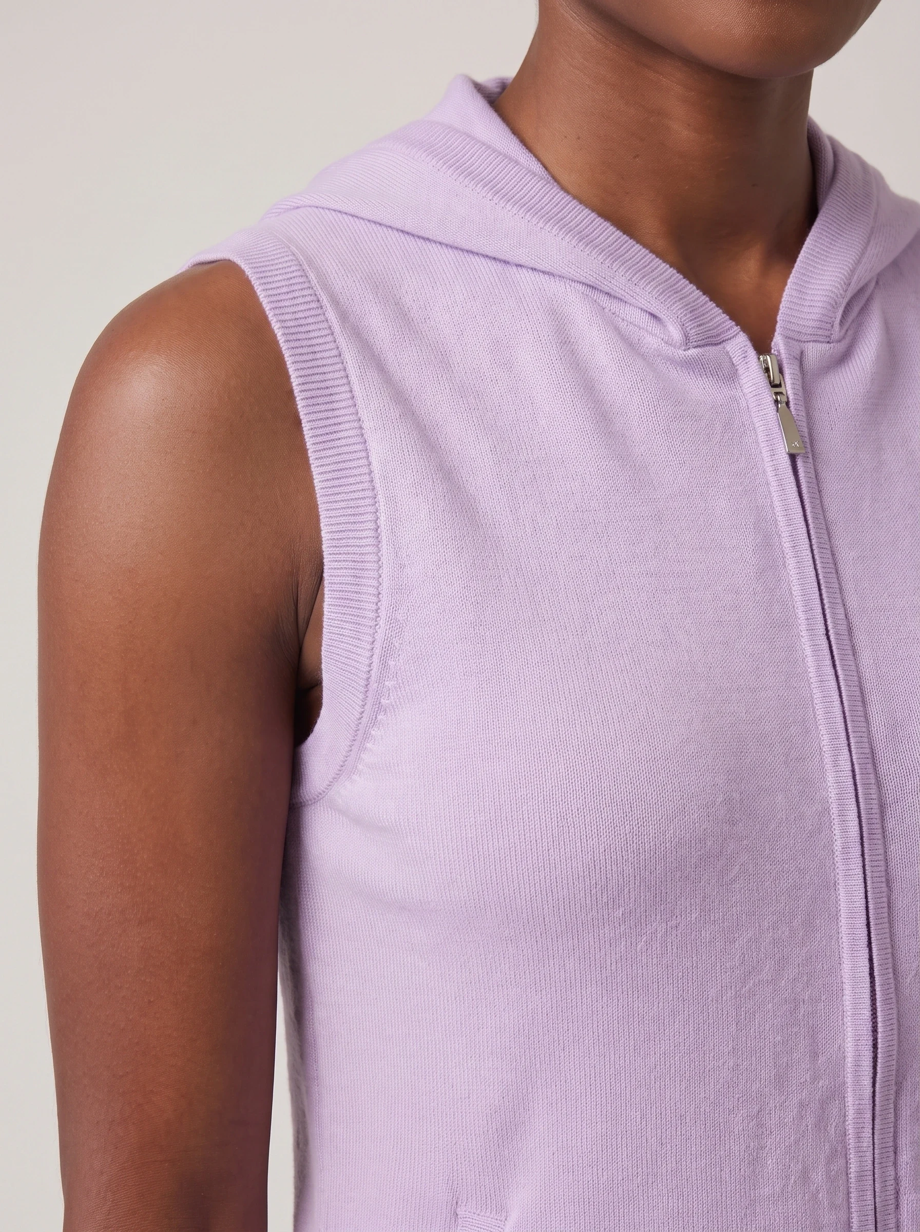 Lavender Sleeveless Hooded Vest, women hoodies, Bound armhole and hooded zip front detail