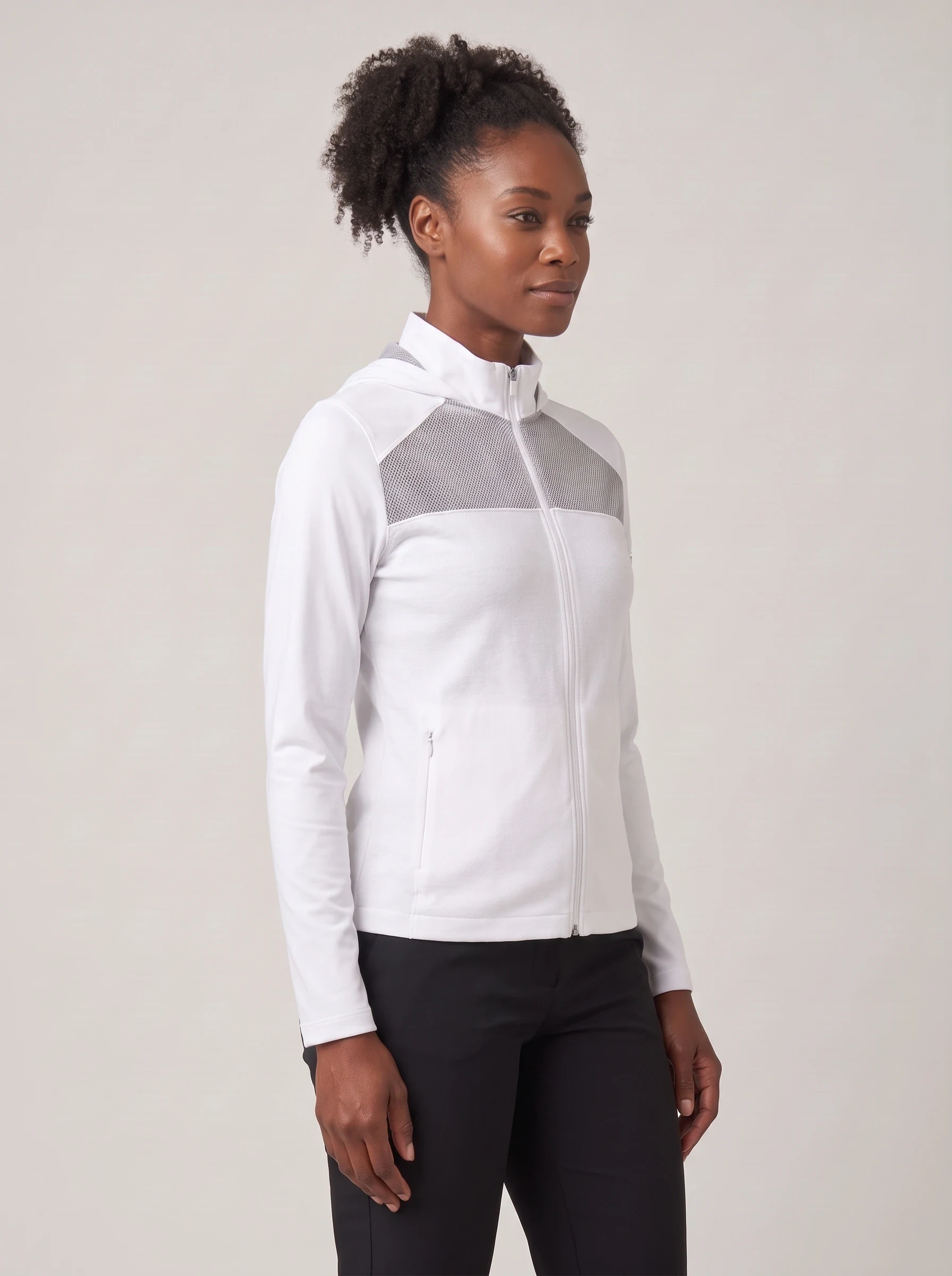 White Mesh Back Zip Layer, women zip tops & midlayers, side view