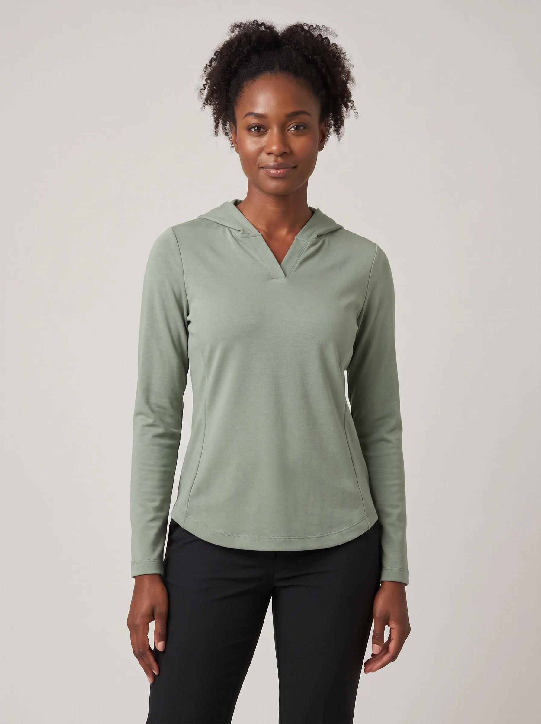 Sage Curved Hem Hoodie, women hoodies, front view