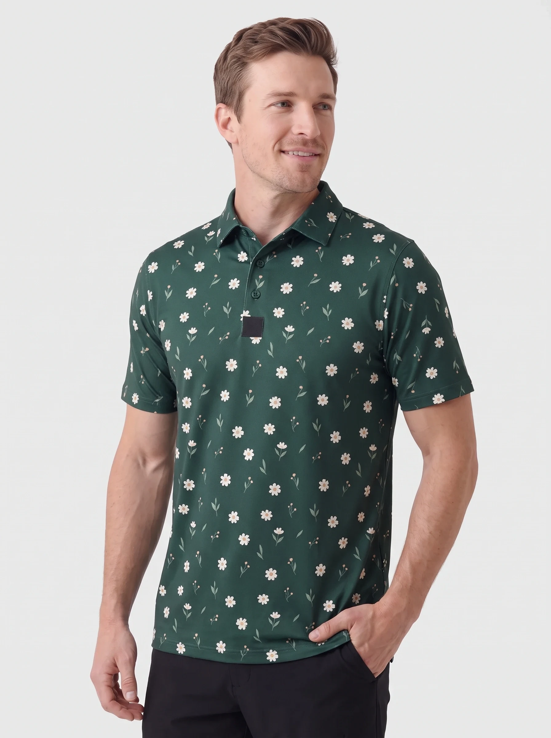 Forest Meadow Print Polo, men printed polos, front view