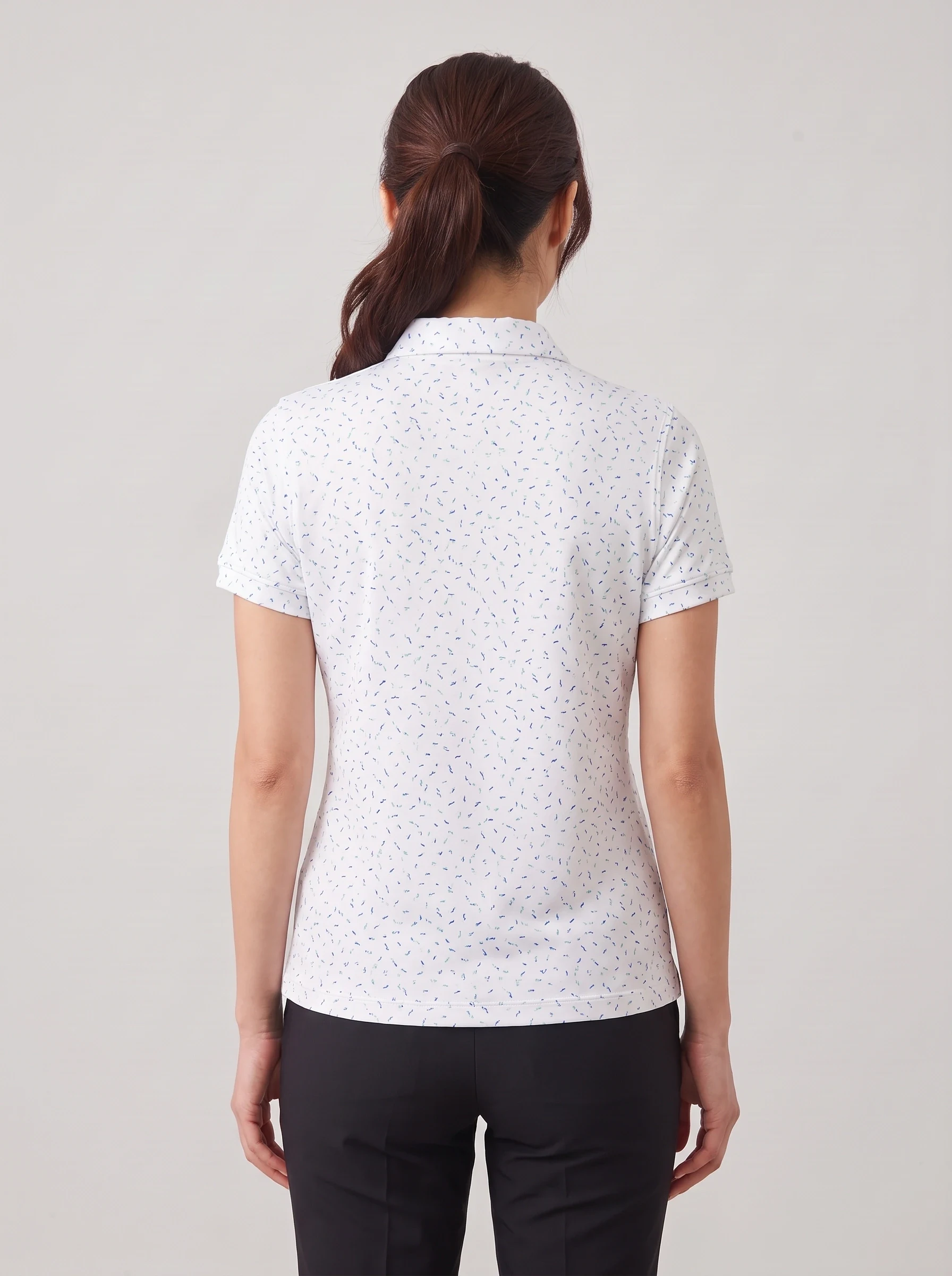 White Abstract Dash Polo, women printed polos, back view
