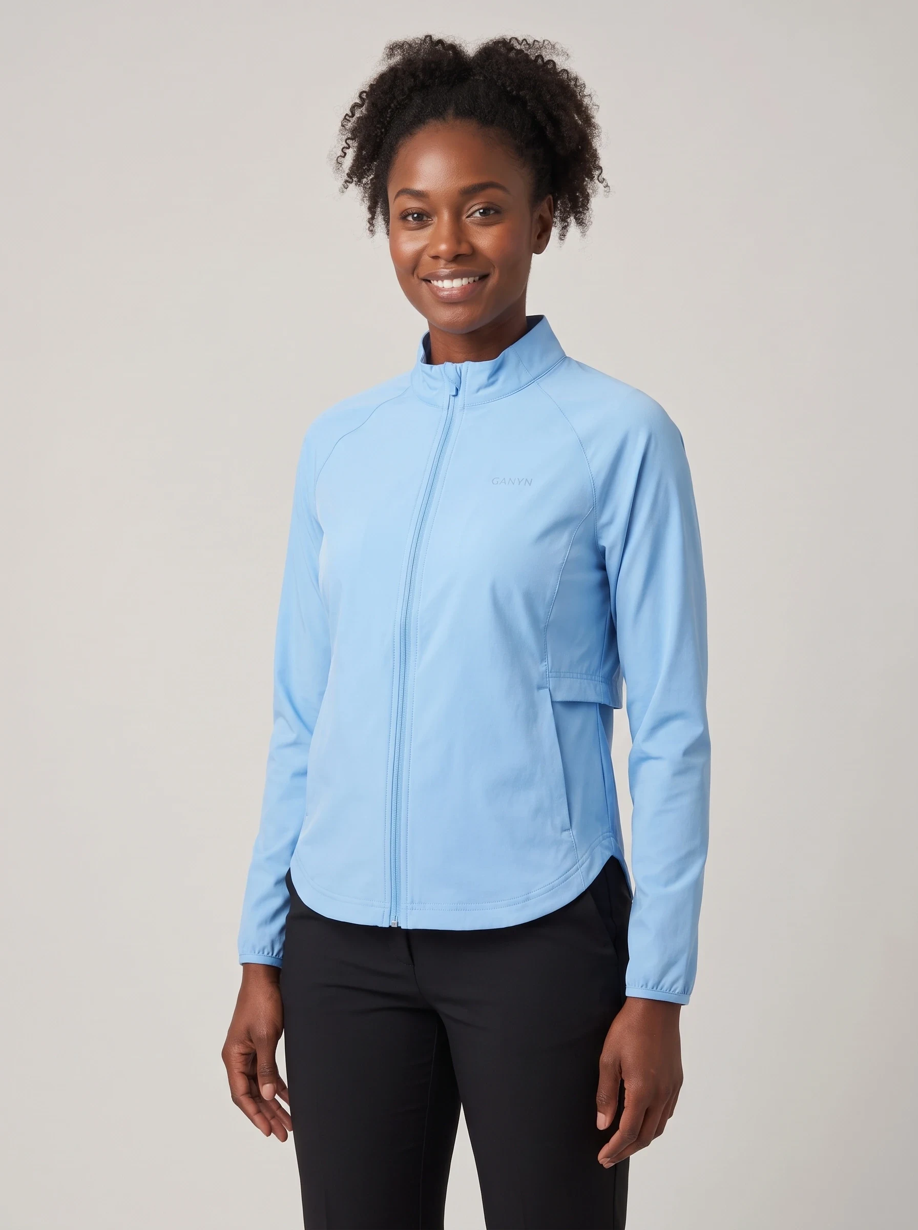 Sky Blue Cape Back Golf Shell, women outerwear, front view