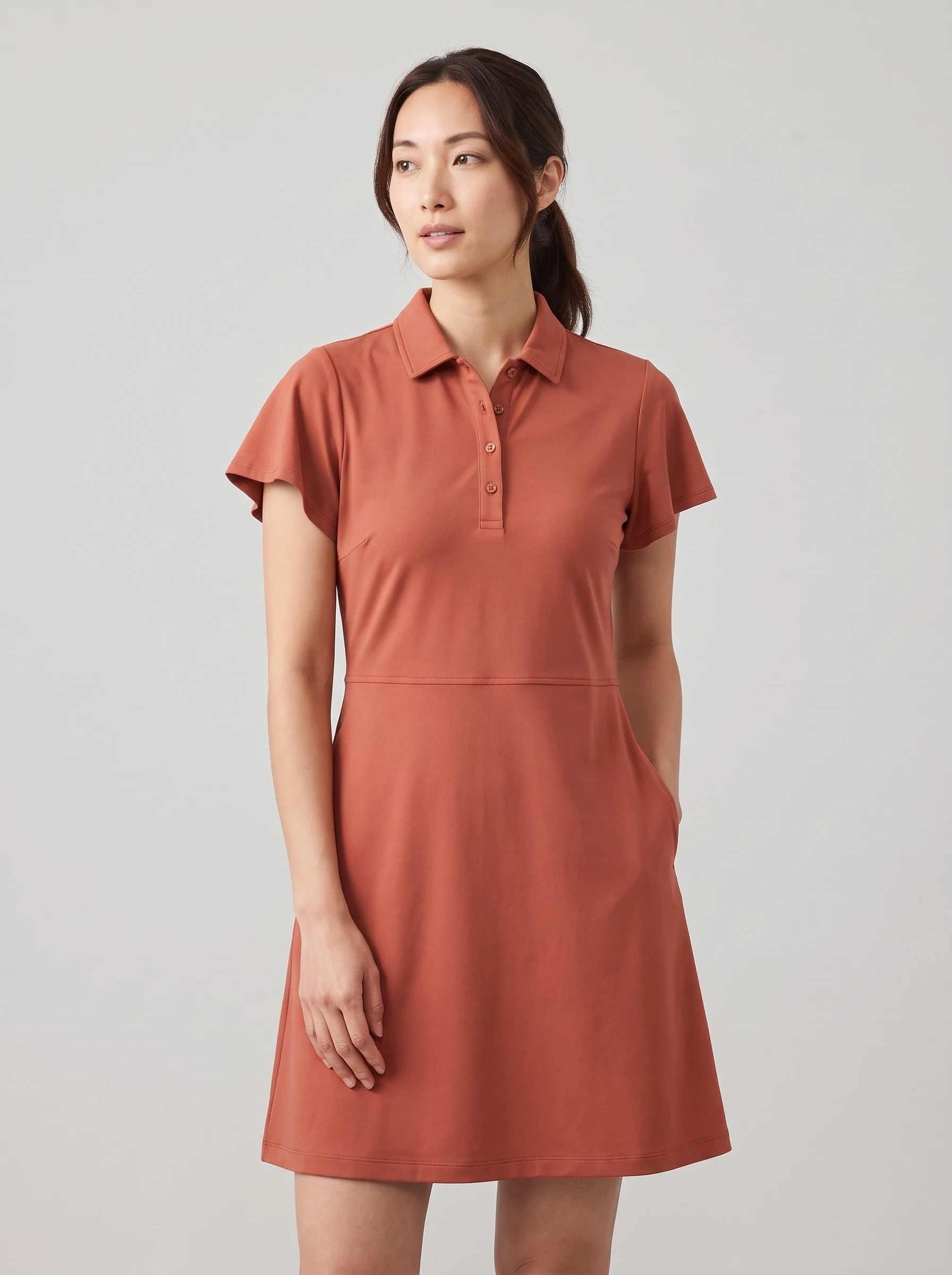 Terracotta Flutter Sleeve Golf Dress, women golf dresses & skirts, front view