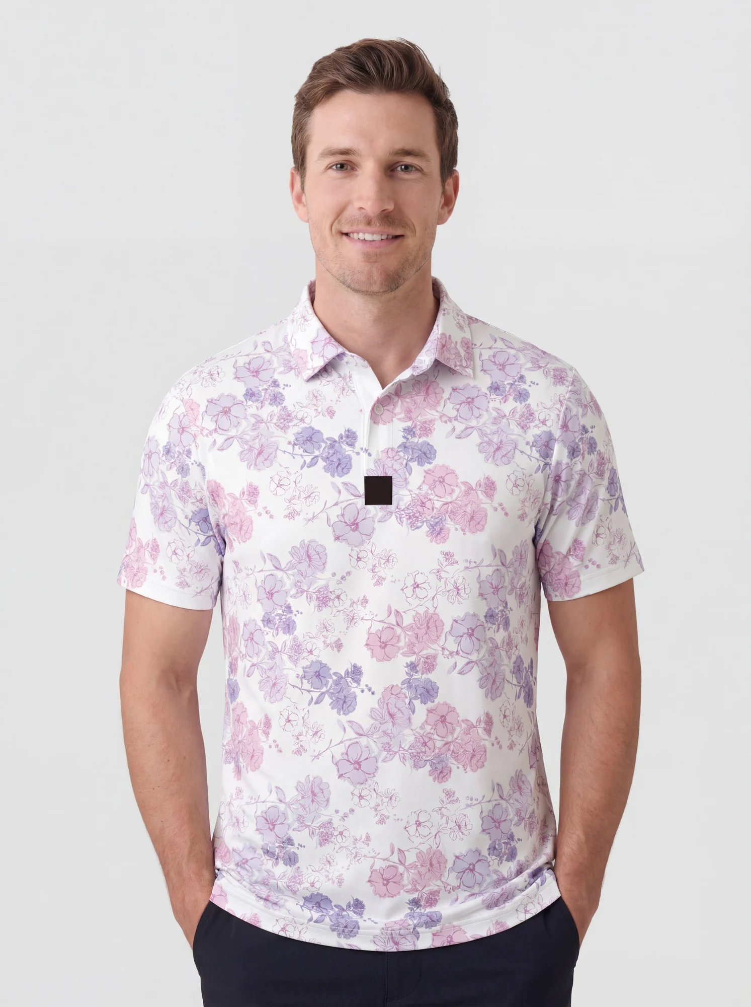 Men's pink & lilac garden floral polo in white / pink / lilac, front view