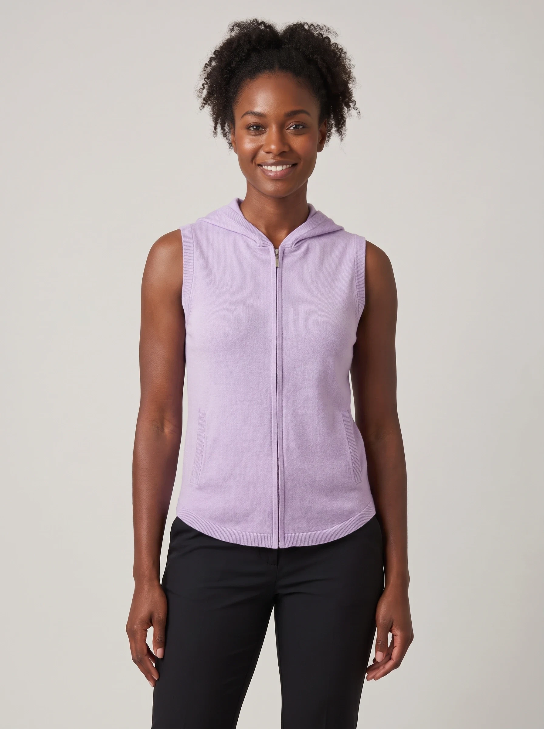 Lavender Sleeveless Hooded Vest, women hoodies, front view