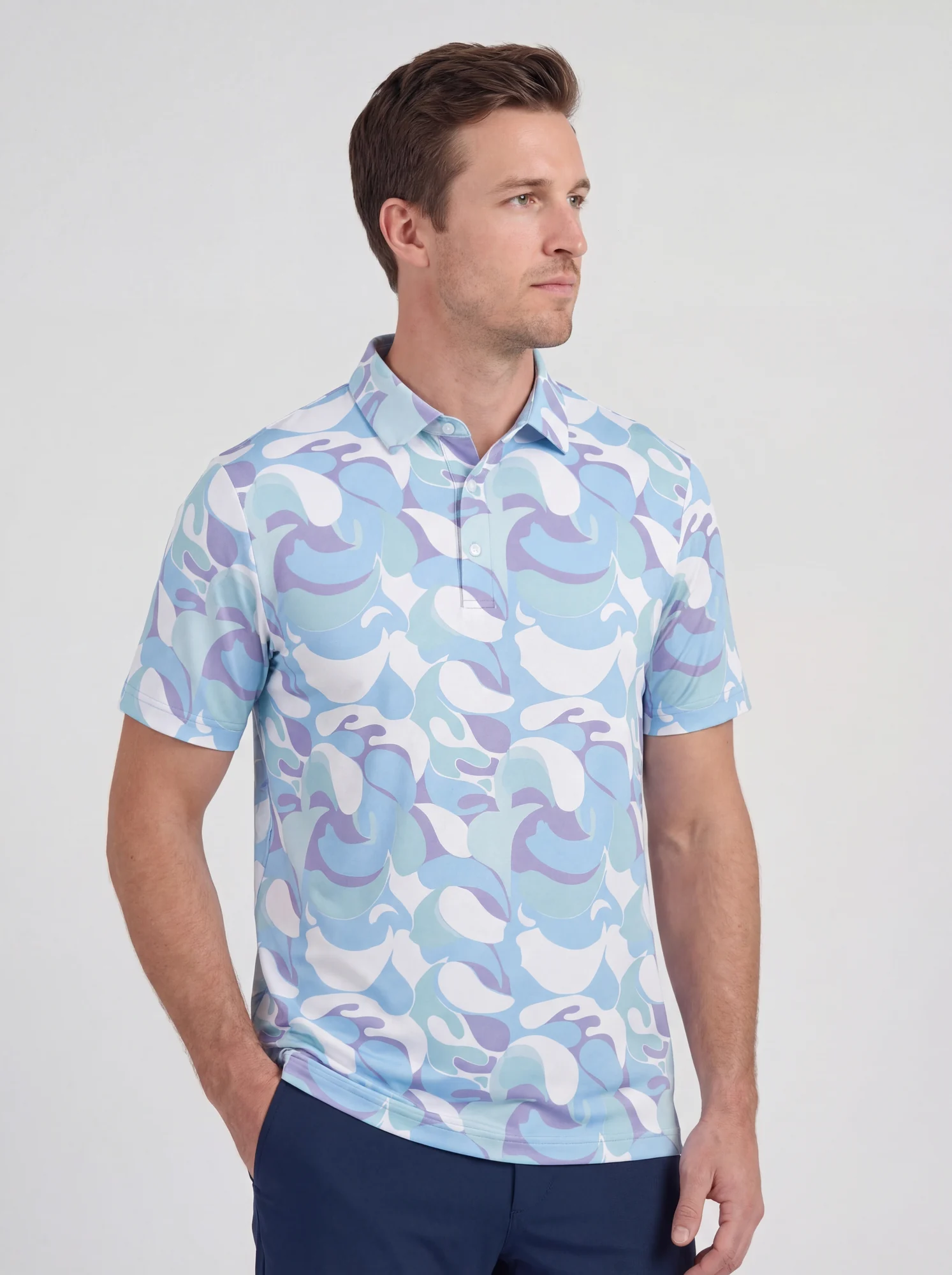 Men's pastel abstract shape print polo in light blue / lilac / white, front view