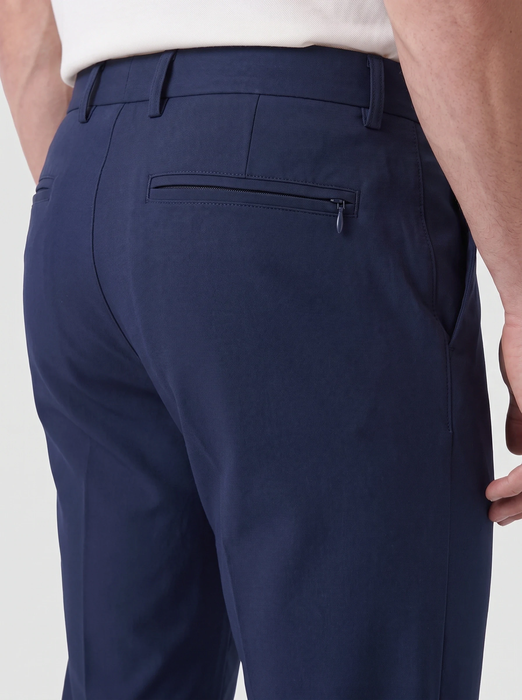 Navy Tapered Tech Trouser, men pants & trousers, Zipped rear welt pocket detail