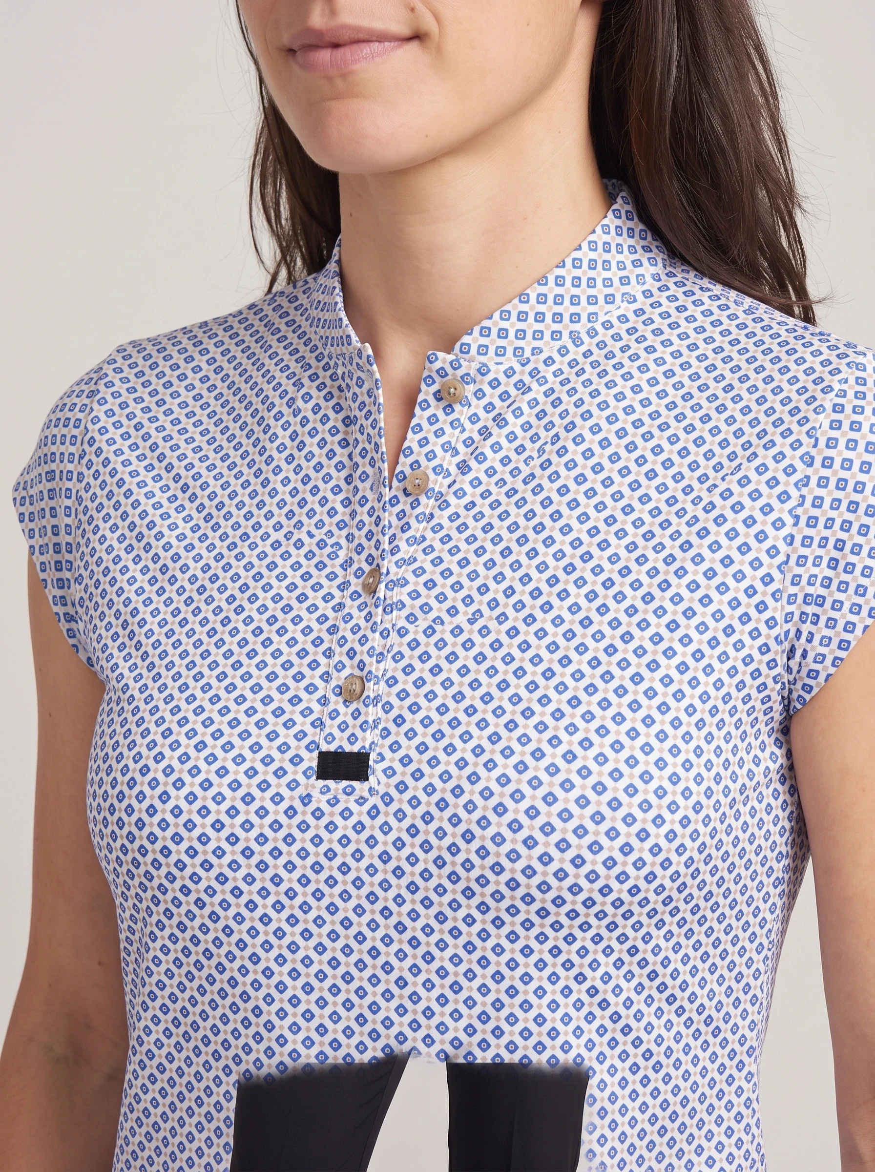 Blue Geometric Tile Polo, women printed polos, Geometric repeat and button placket detail